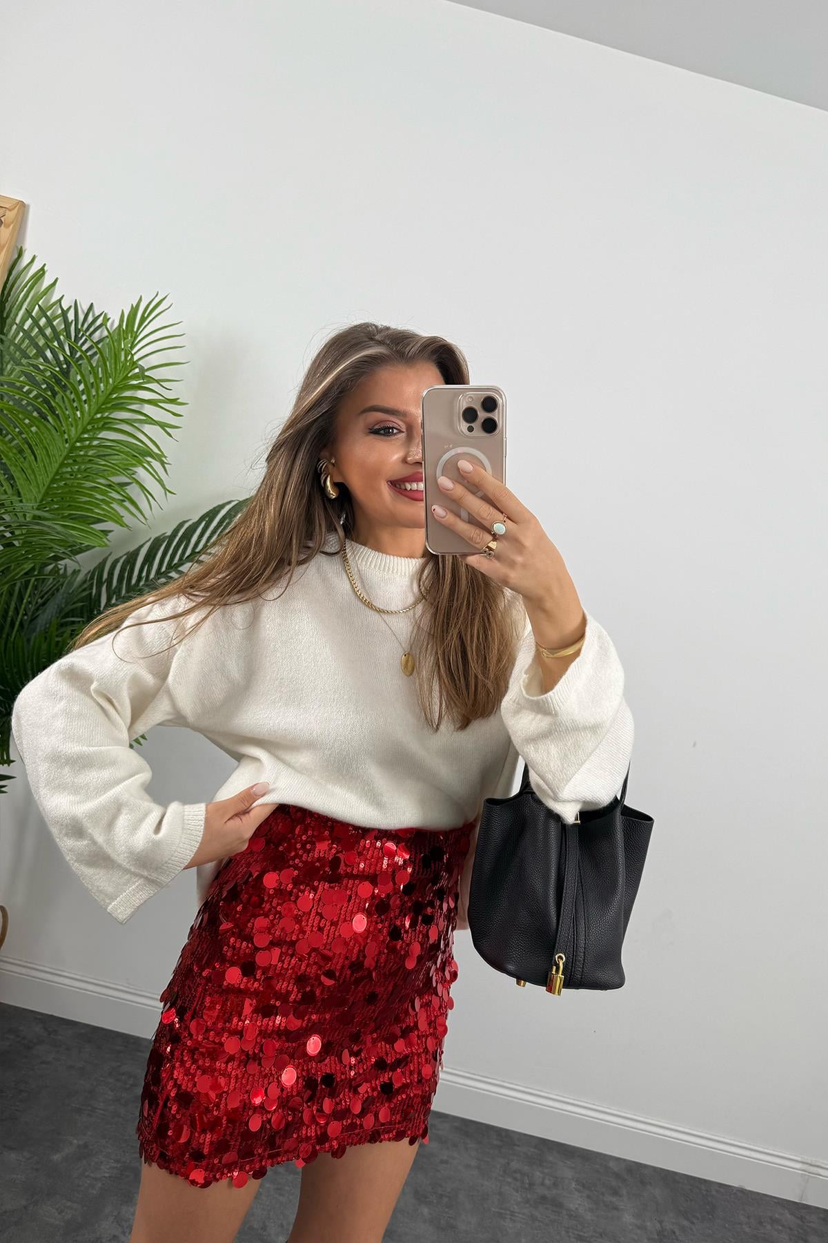 Marka Model Likralı Mini Payet Etek Kırmızı