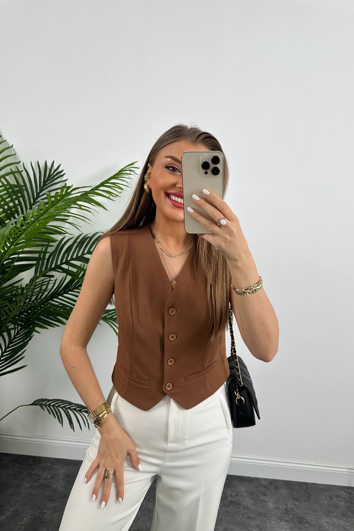 Marka Model Lüx Kalite Astarlı Krep Kumaş Yelek Taba