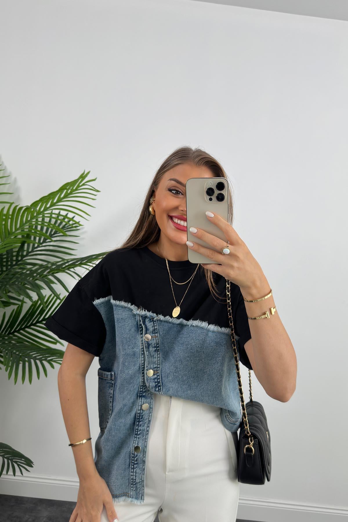 Marka Model Lüx Kalite Jean Mixli Bluz Siyah