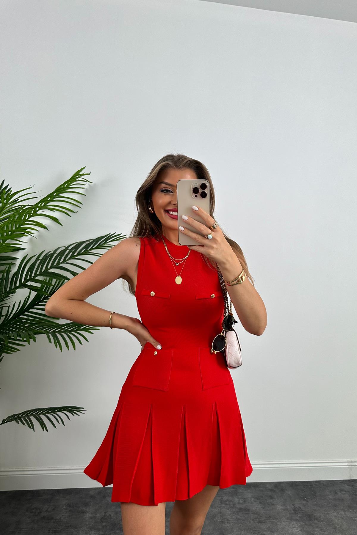 Marka Model Lüx Kalite Tasarım Çelik Triko Elbise Kırmızı