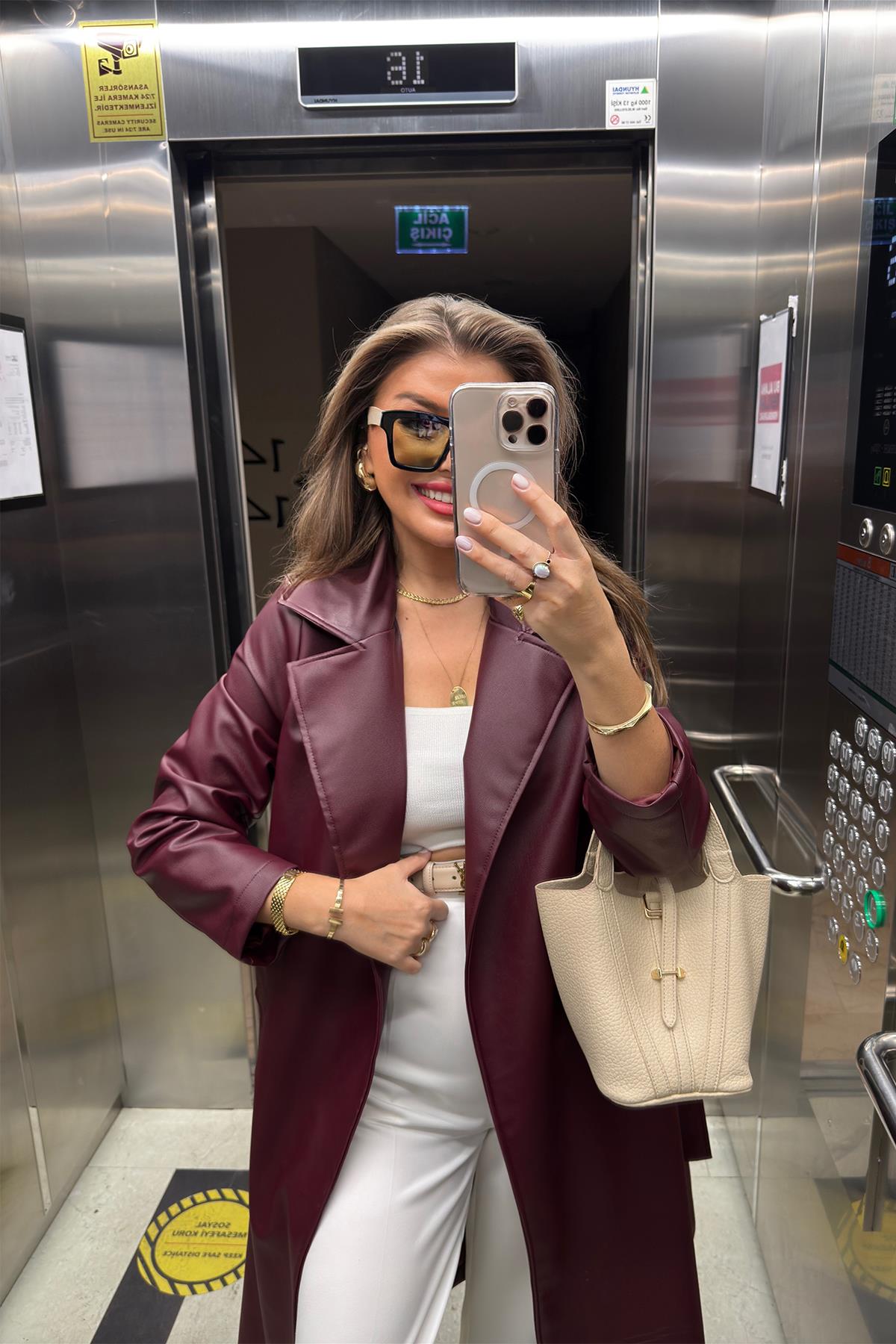 Marka Model Maxi Deri Trençkot Bordo