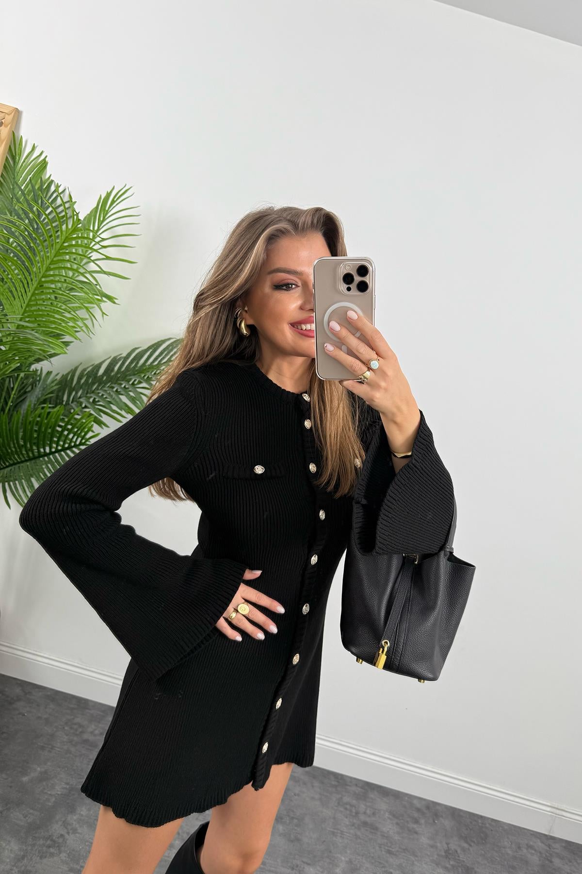 Marka Model Premium Seri Düğmeli Triko Kloş Elbise Siyah