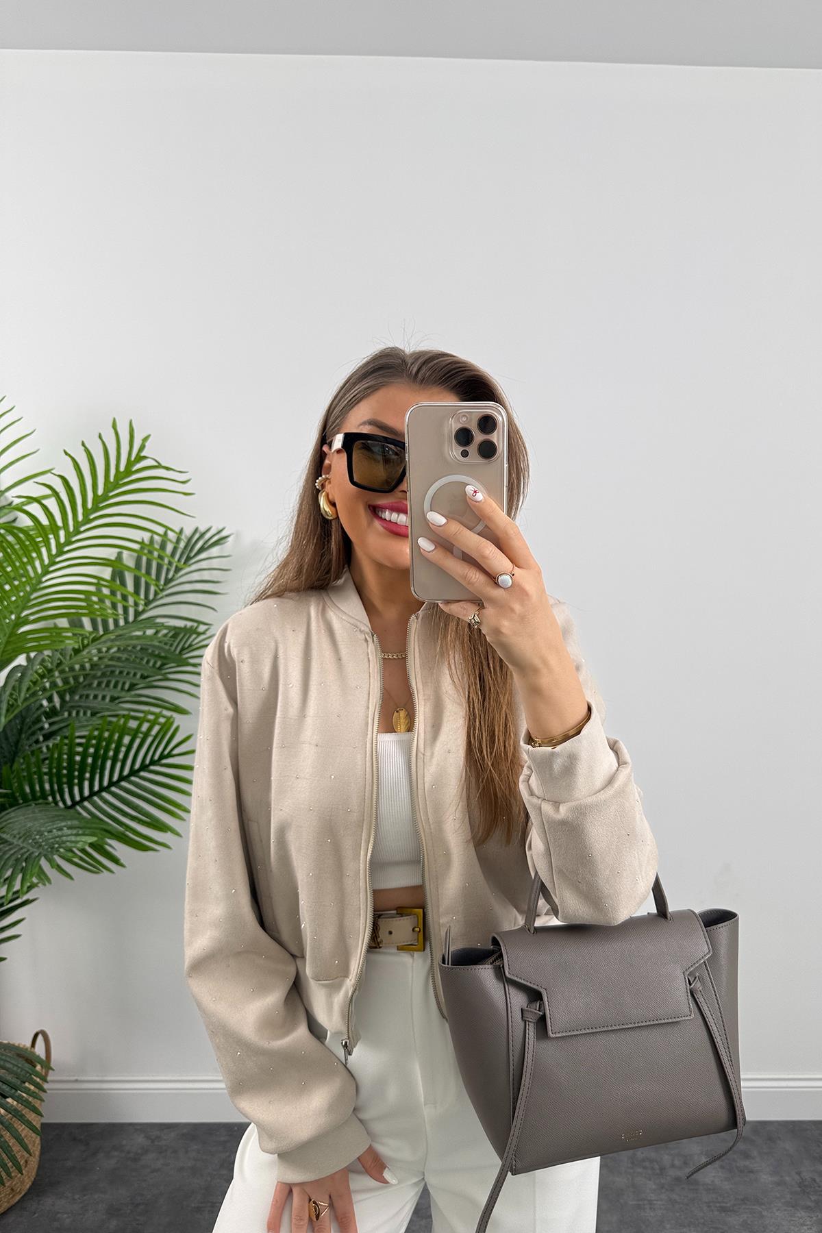 Marka Model Taşlı Nubuk Bomber Ceket Taş