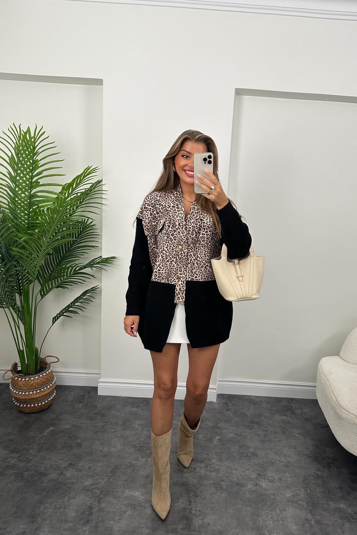 Marka Model Triko Mixli Üstü Gabardin Tasarım Leopar Ceket Siyah