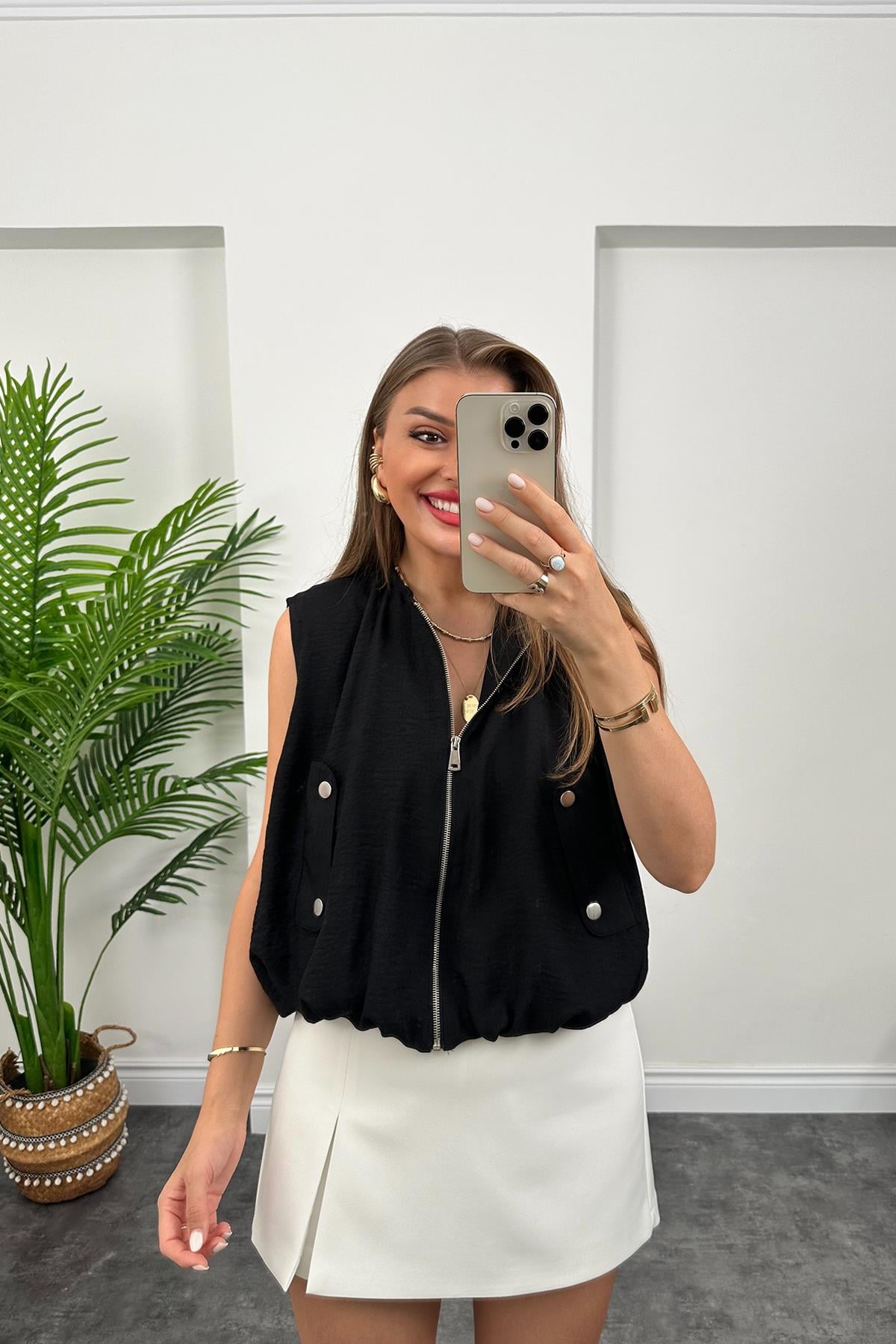 Marka Model Yazlık Keten Kumaş Bomber Yelek Siyah