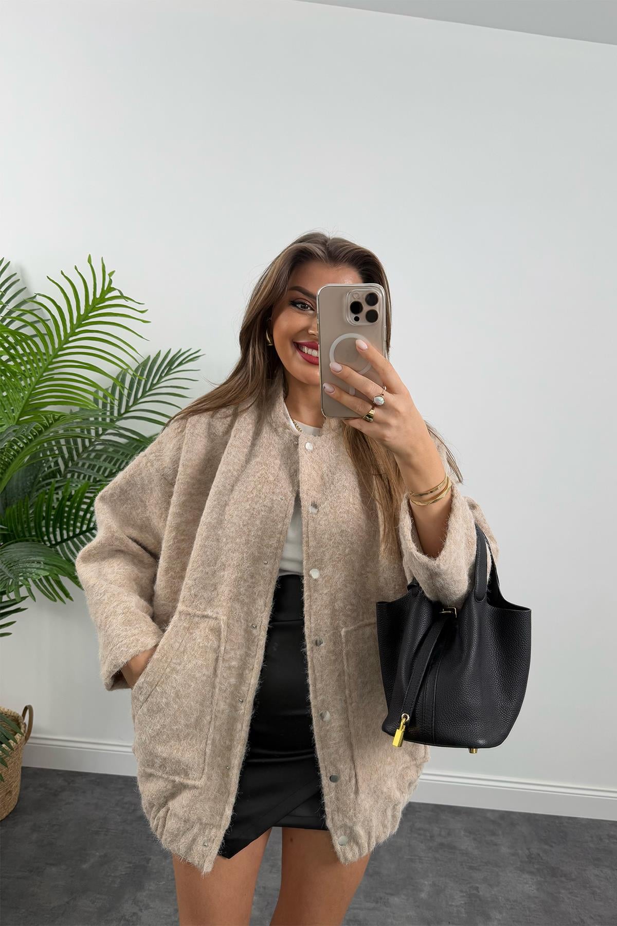Massi Model Buklet Kumaş Uzun Bomber Mont Taş