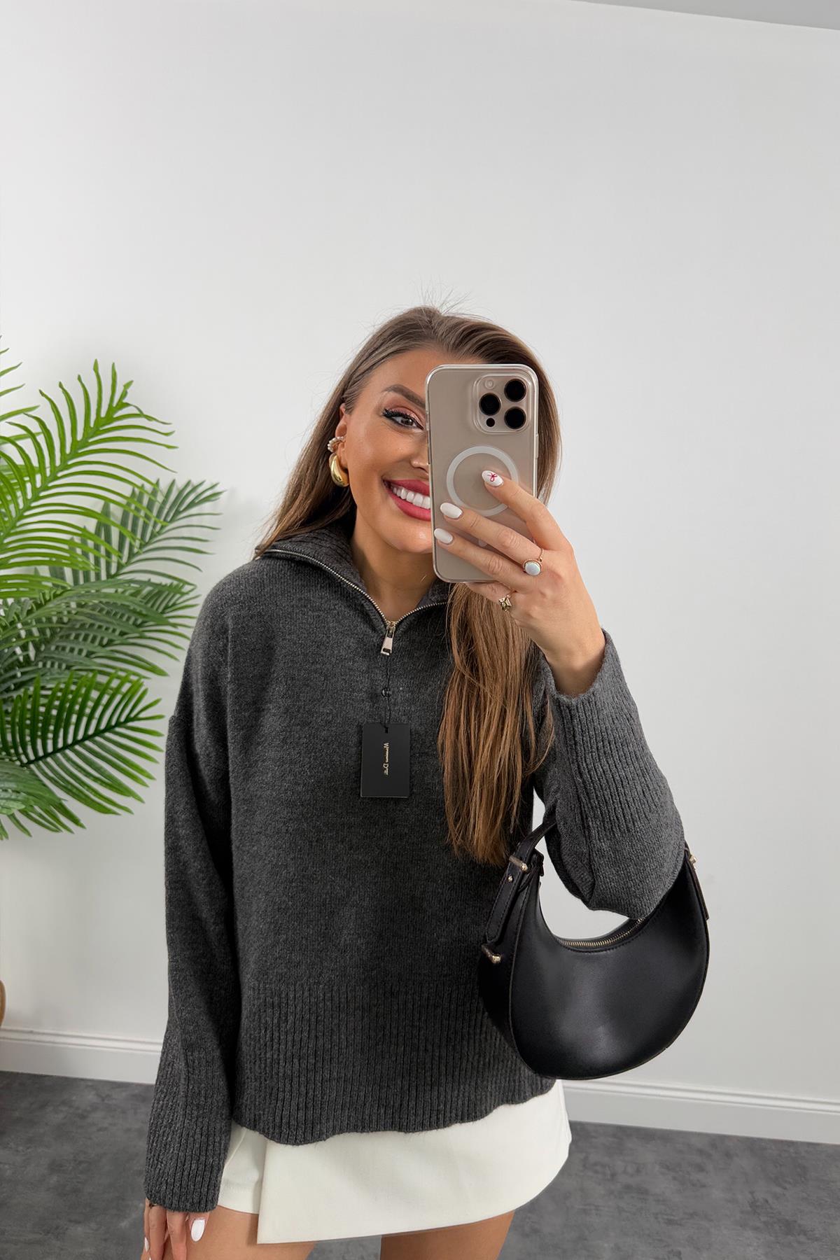 Massi Model Fermuarlı Basic Kazak Antrasit