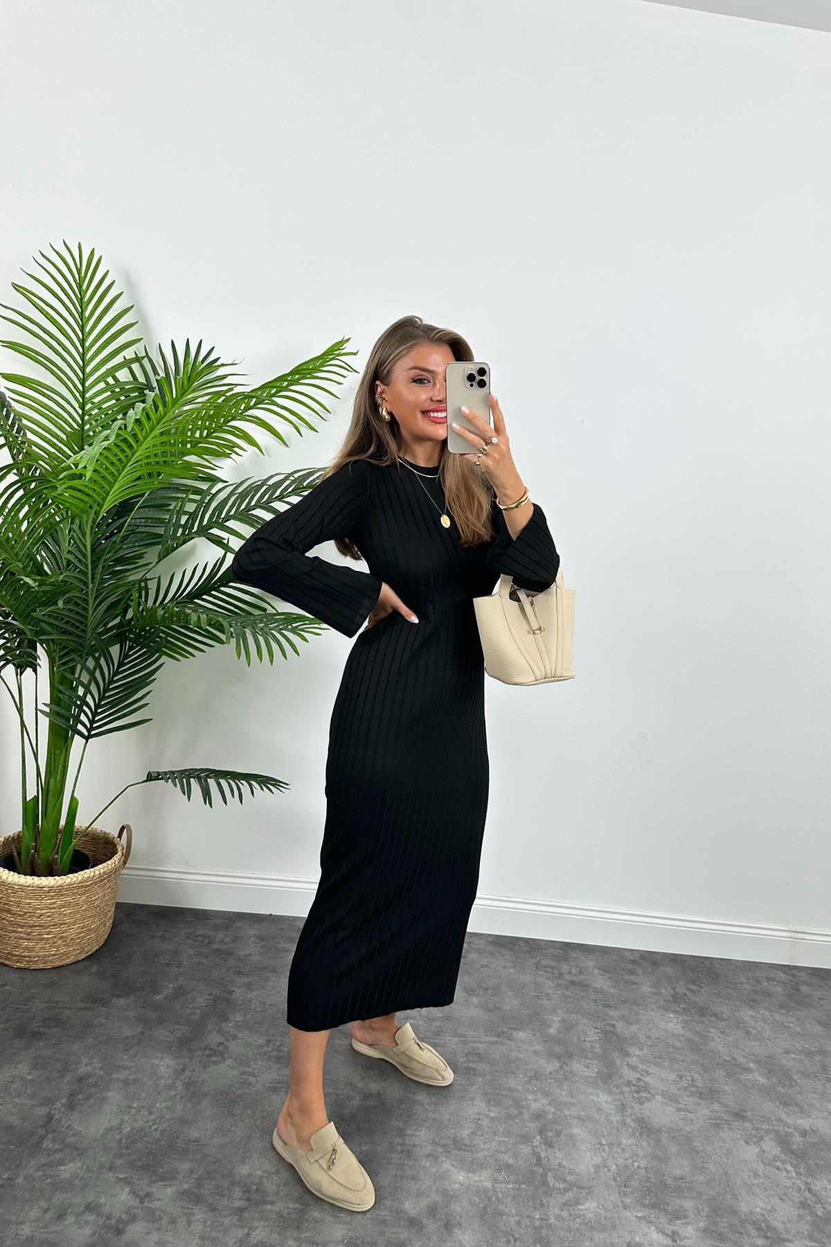 Massi Model Lüx Kalite Merserize Triko Elbise Siyah 