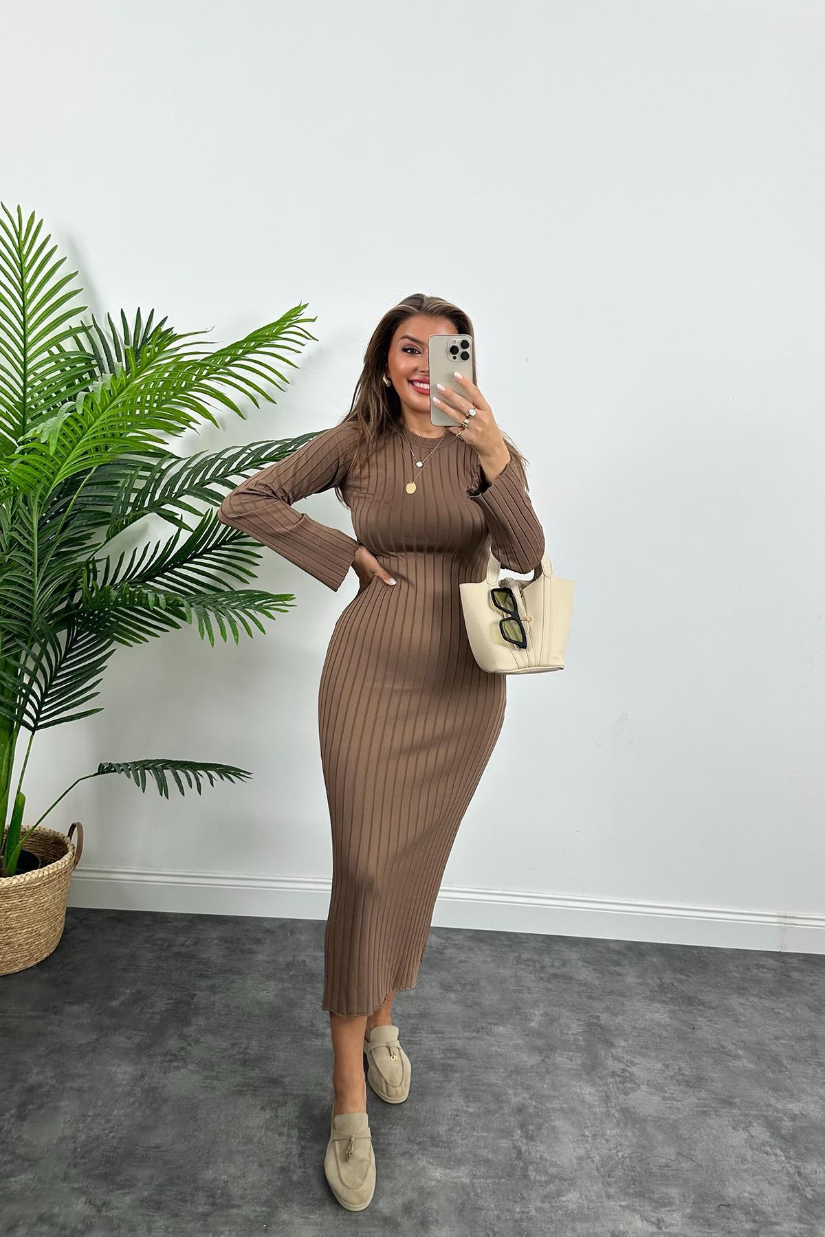 Massi Model Lüx Kalite Merserize Triko Elbise Kahverengi 