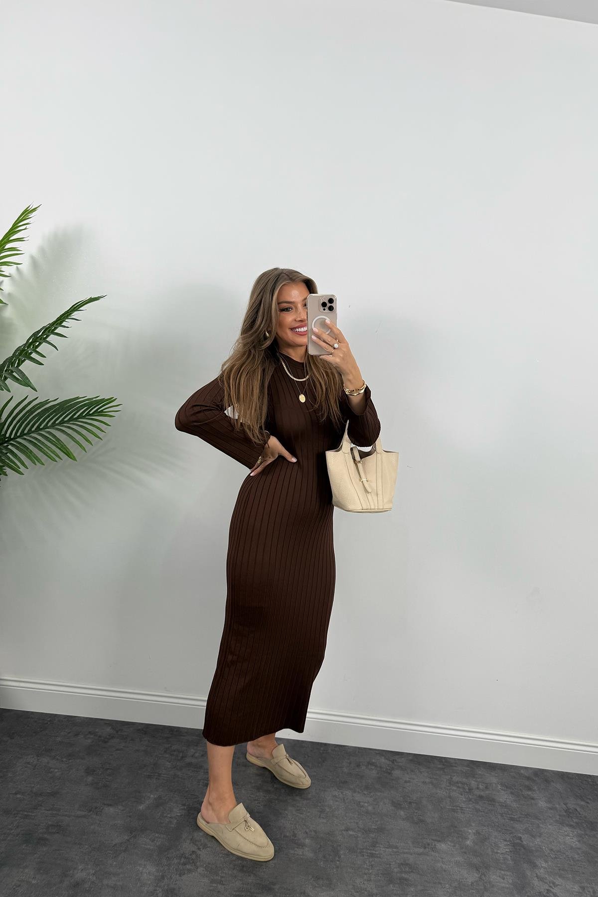 Massi Model Lüx Kalite Merserize Triko Elbise Acı Kahve