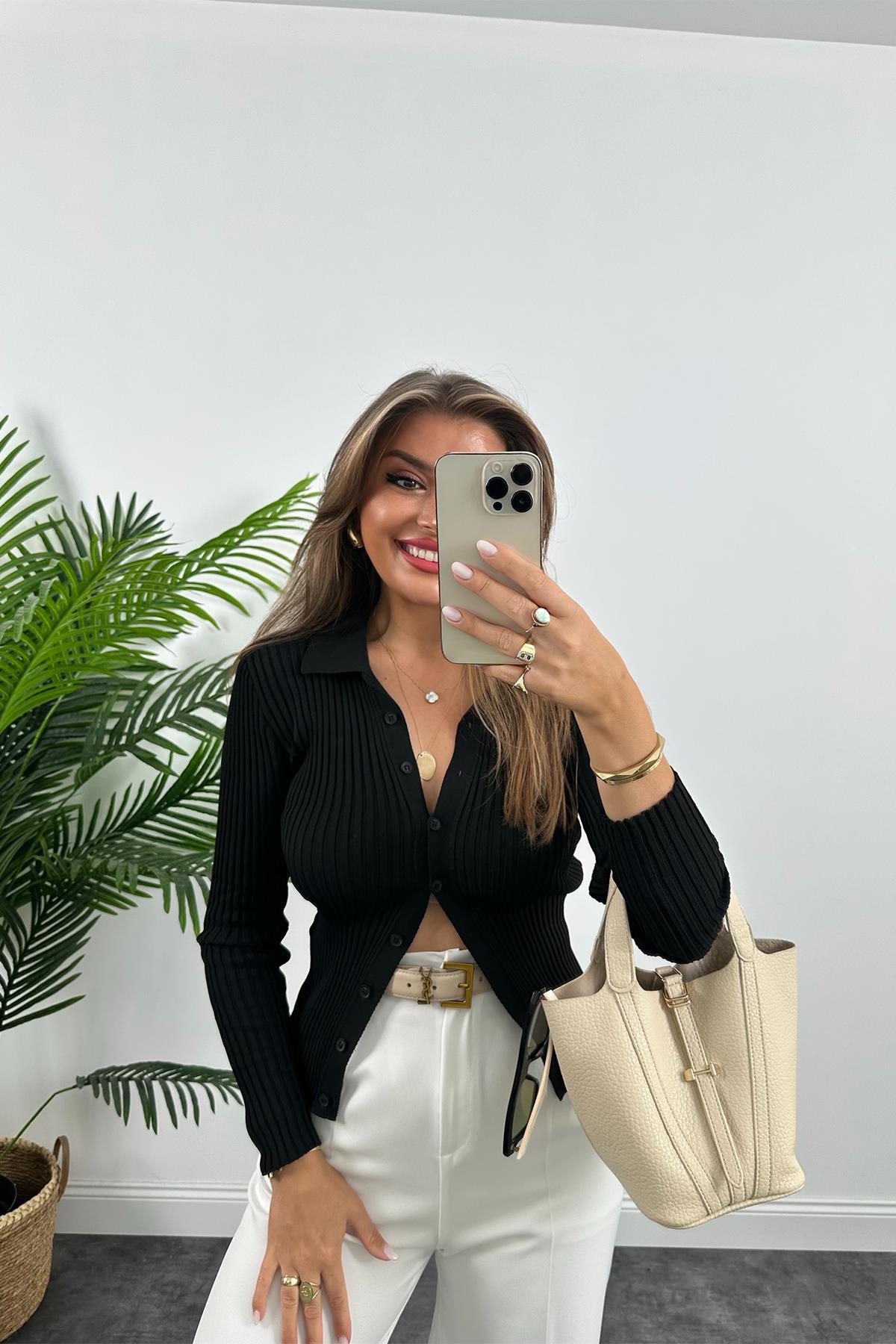 Massi Model Polo Yaka Tam Boy Düğmeli Elit Triko Siyah 