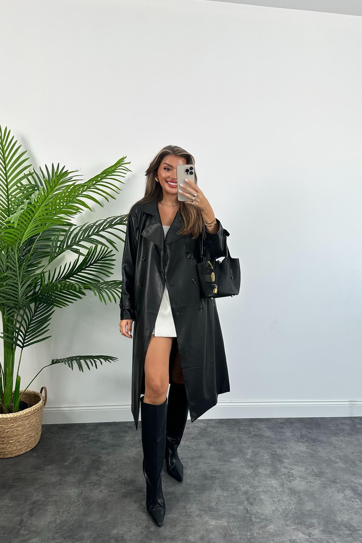 Massi Model Premium Seri İthal  Vegan Deri Uzun Trençkot