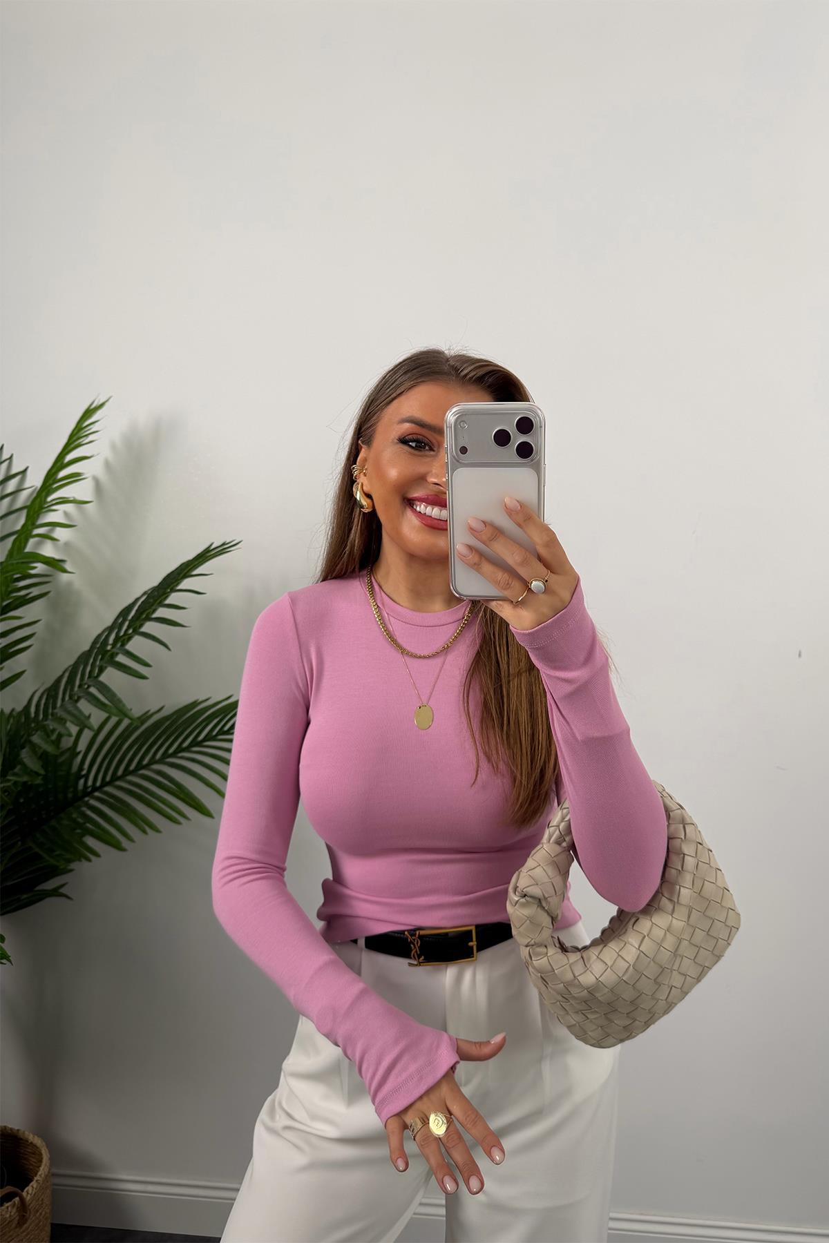 Massi Model Tam Pamuklu Soft Touch Likralı Basic Body Pembe