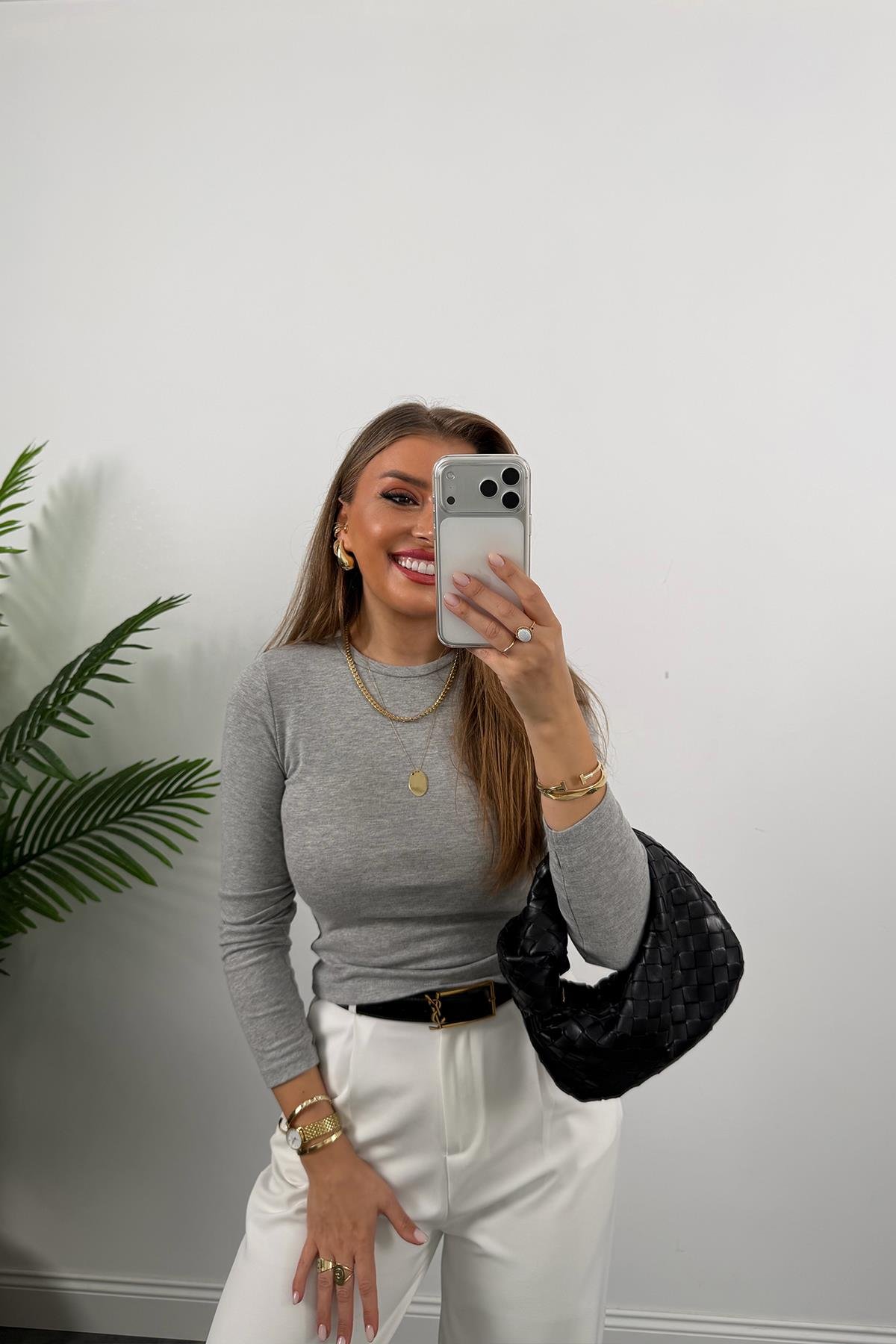 Massi Model Tam Pamuklu Soft Touch Likralı Basic Body Gri Melanj