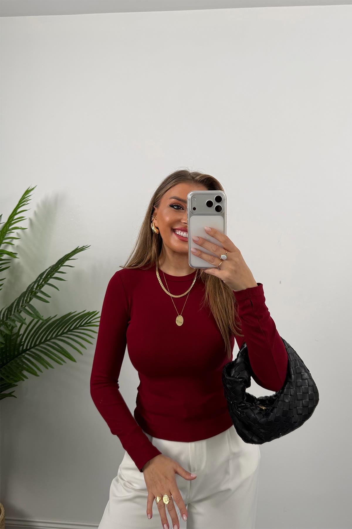 Massi Model Tam Pamuklu Soft Touch Likralı Basic Body Bordo 