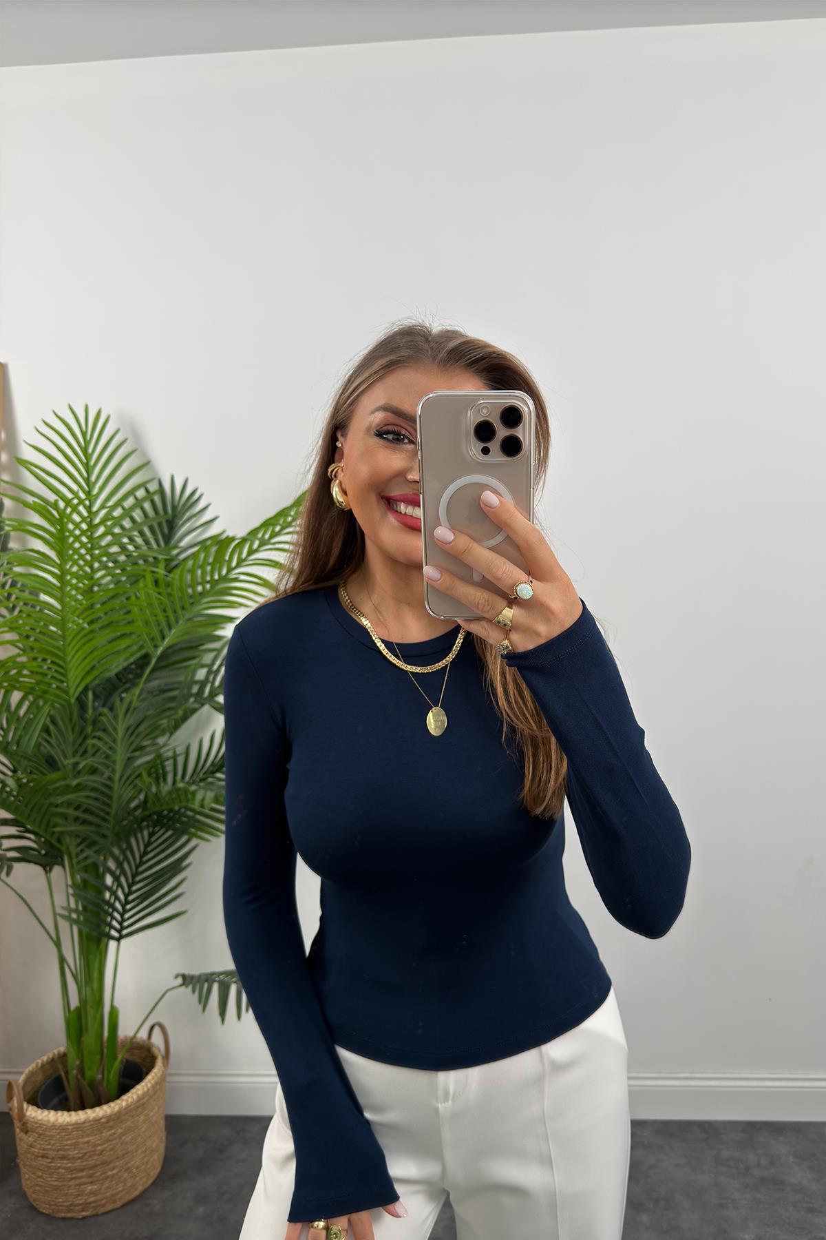 Massi Model Tam Pamuklu Soft Touch Likralı Basic Body Lacivert 