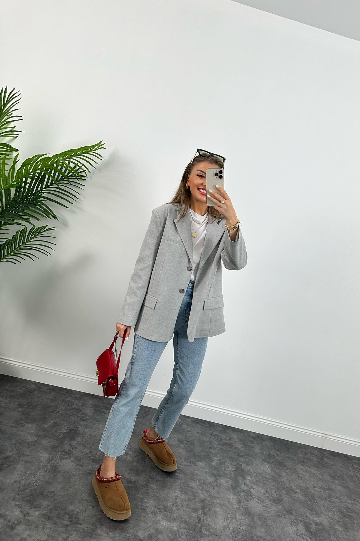 Massimo Kumaş Premium Kalite Pintarest Blazer Bf Ceket Gri