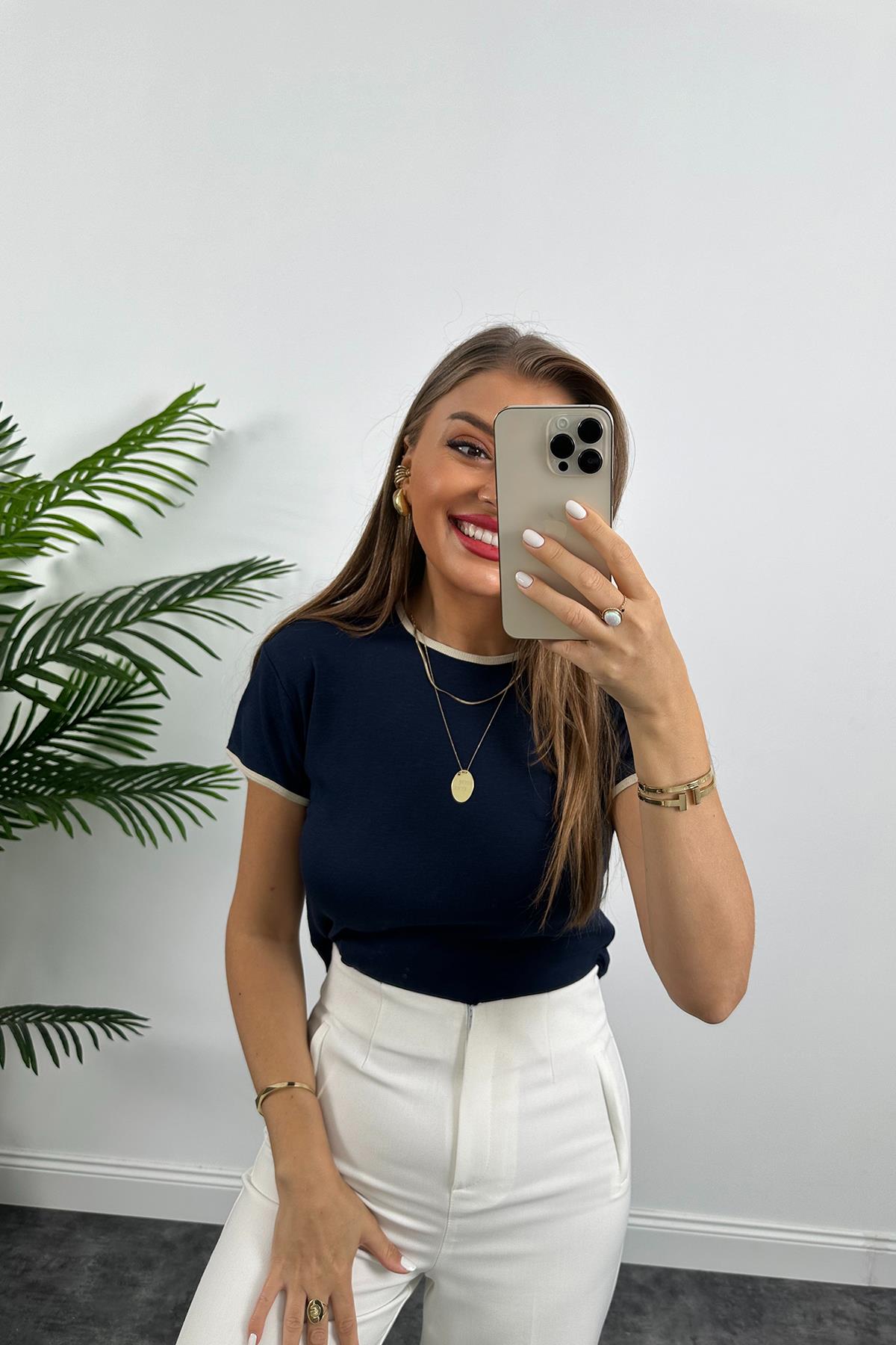 Massi Model %100 Pamuklu Biyeli Kısa Kol Basic Tshirt  Lacivert