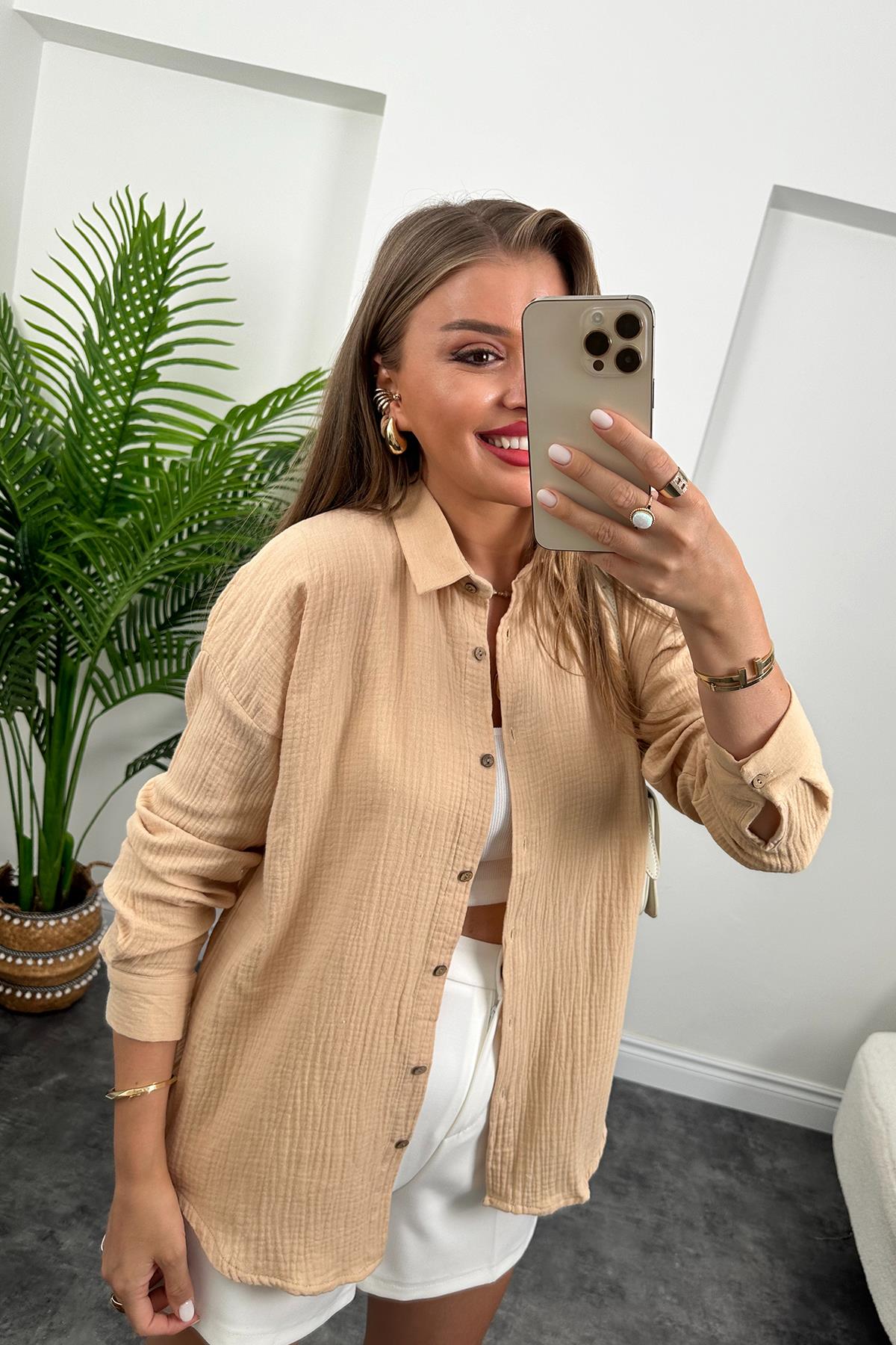 Massi Model Ahşap Düğmeli Müslin Gömlek Taş