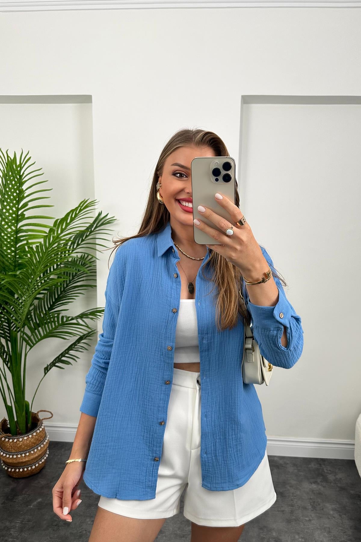 Massi Model Ahşap Düğmeli Müslin Gömlek İndigo Mavi