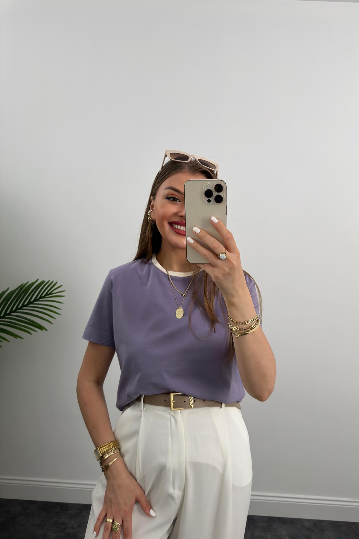 Massimo Model Bisiklet Yaka Biyeli Detaylı Basic Tshirt Leylak