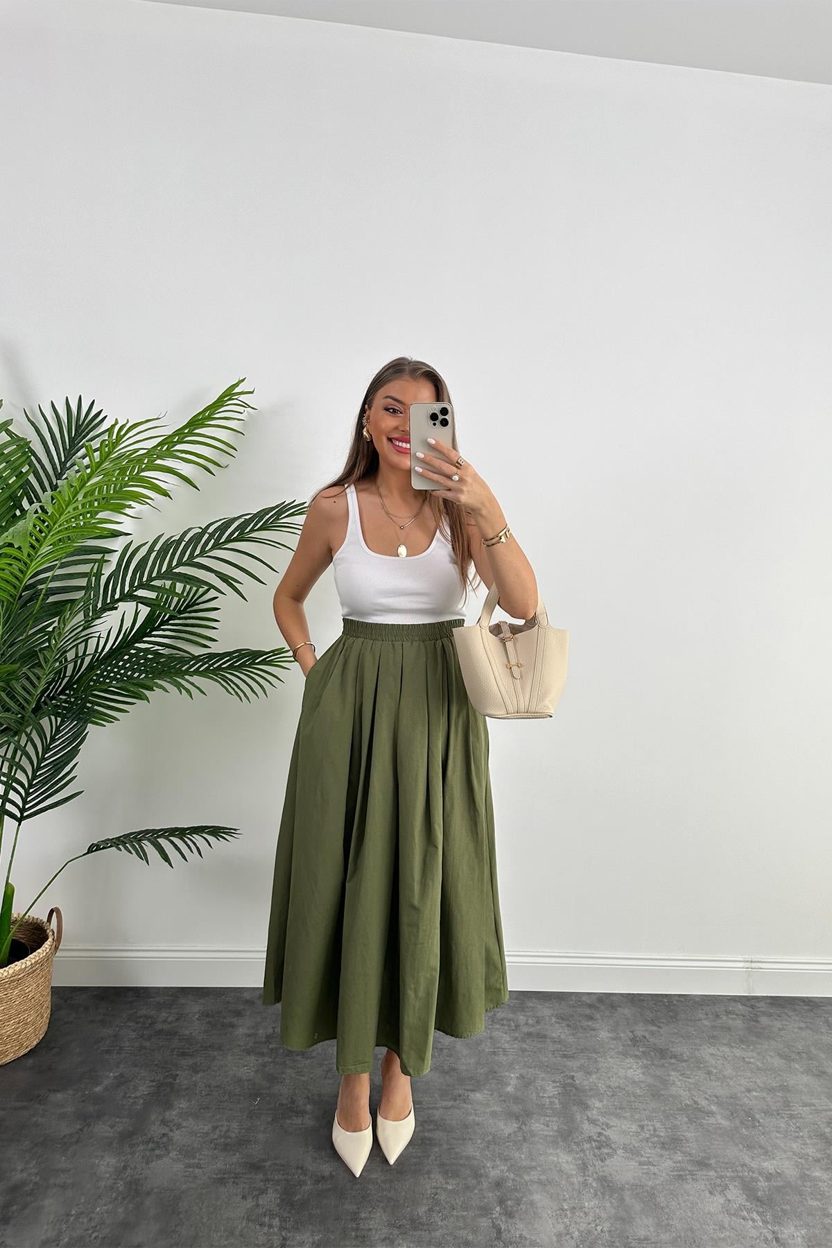 Maxi Boy Beli Kalın Lastikli Basic Kloş Poplin Etek Haki