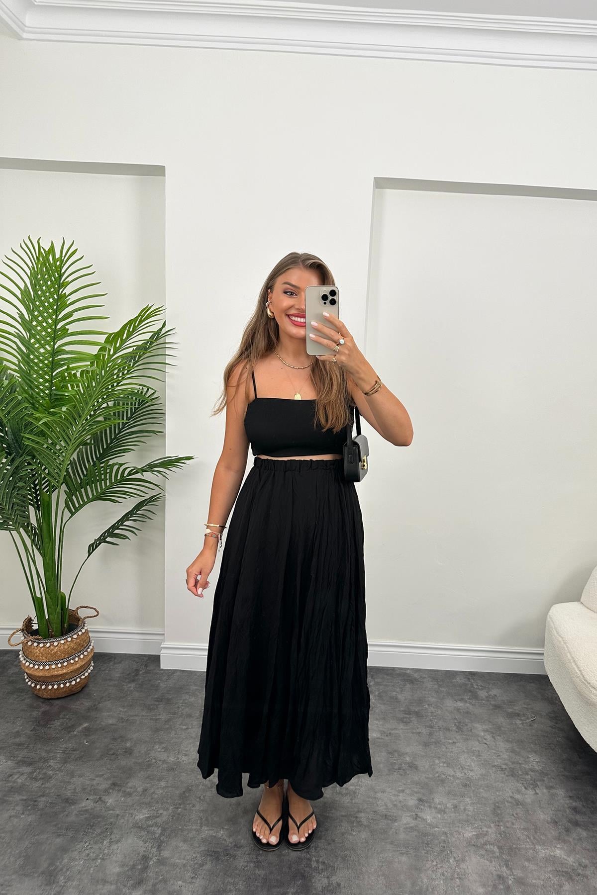 Maxi Boy Beli Lastikli Uçuş Etek Siyah