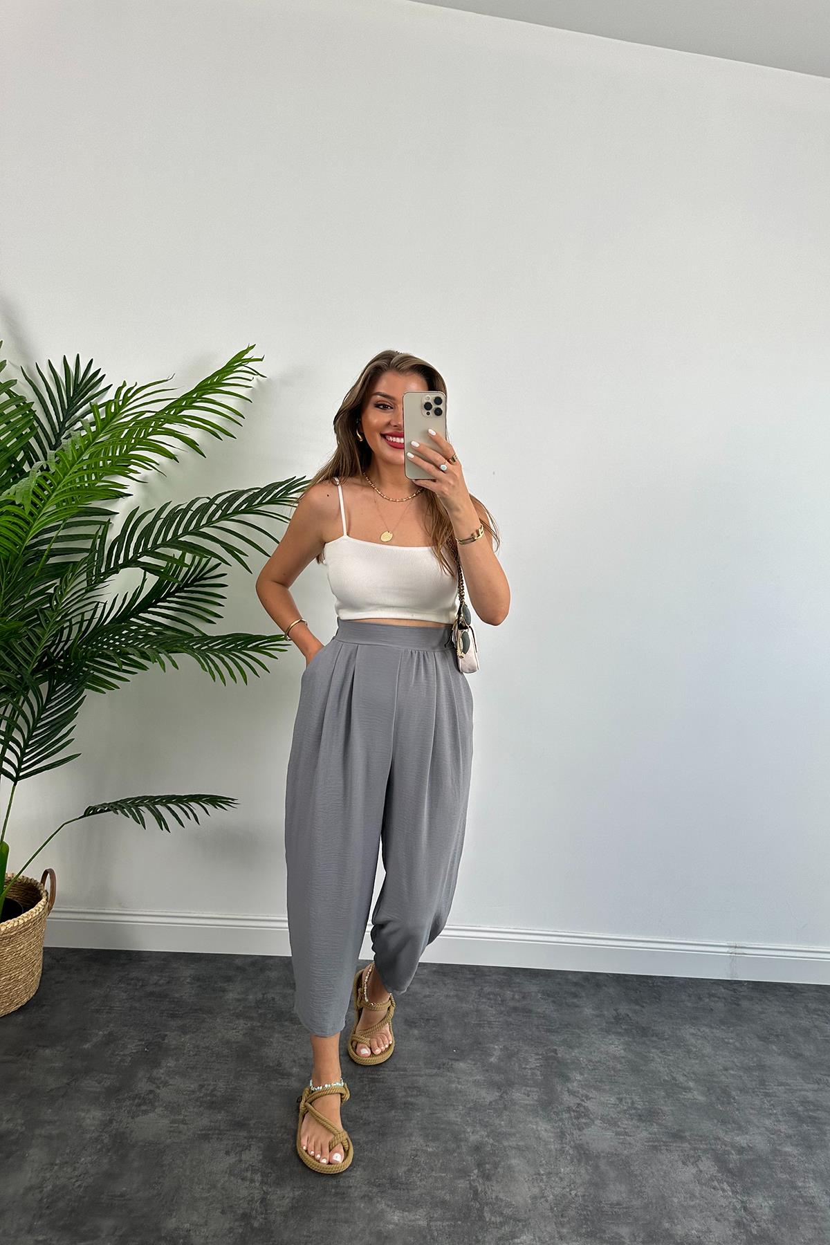 Meşhur Keten Aerobin Harem Pantolonumuz Gri