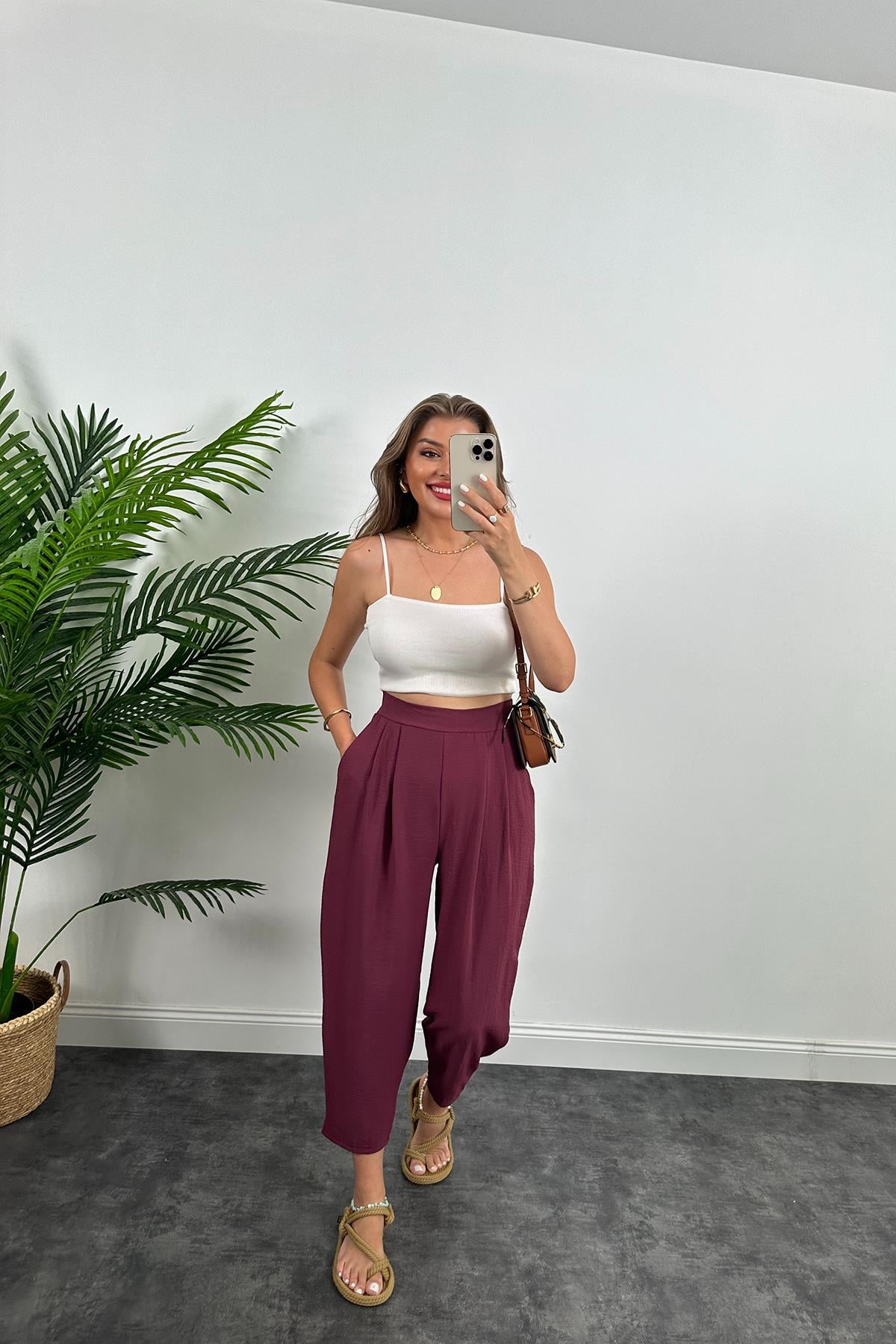 Meşhur Keten Aerobin Harem Pantolonumuz Vişne