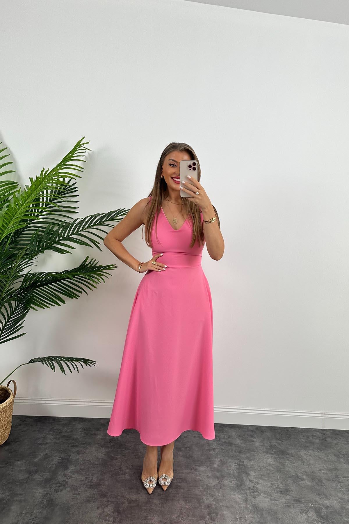 Midi Boy Double Atlas Kumaş Kloş Elbise Pembe