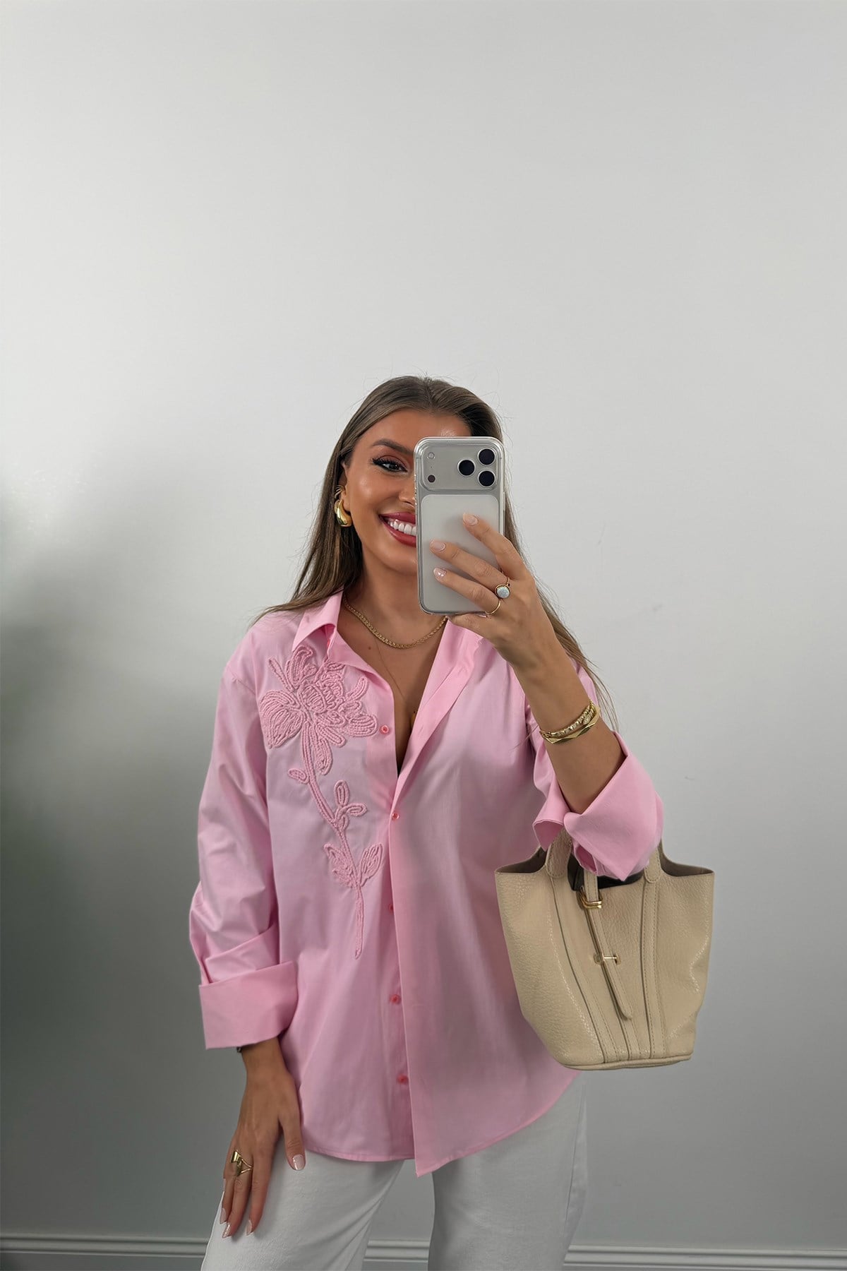 Mng Önü Nakışlı %100 Pamuk Poplin Gömlek Pembe