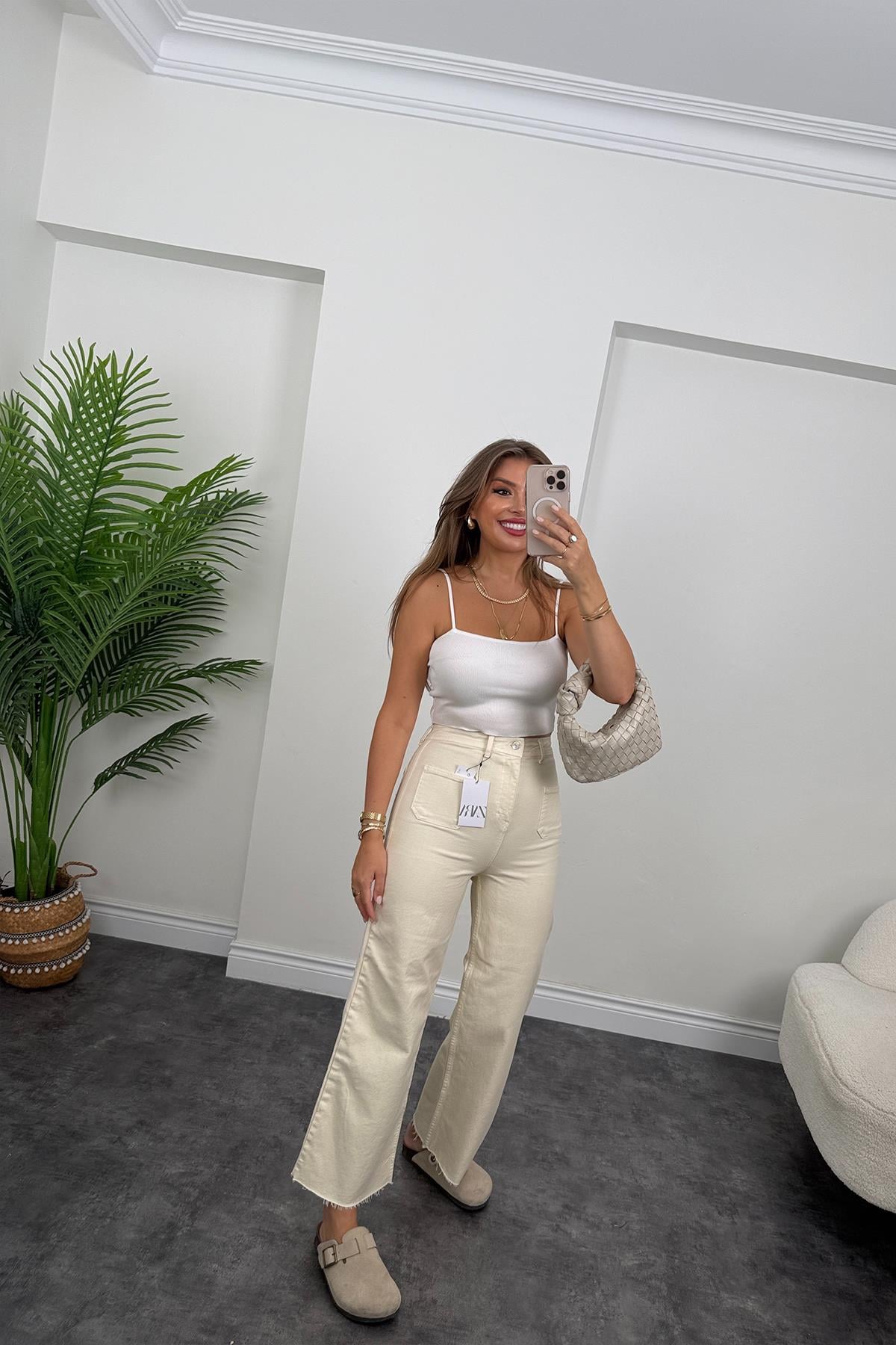 Orjinal Marka Likralı Çift Cepli Midi Jean Taş