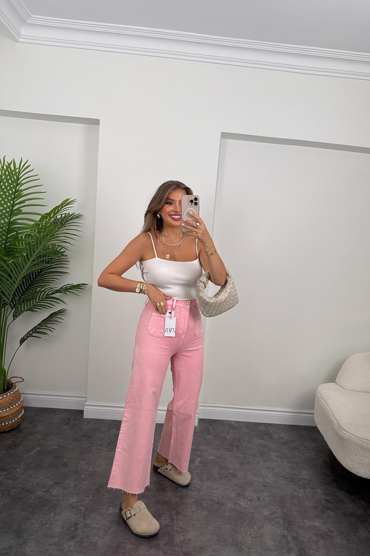 Orjinal Marka Likralı Çift Cepli Midi Jean Pembe