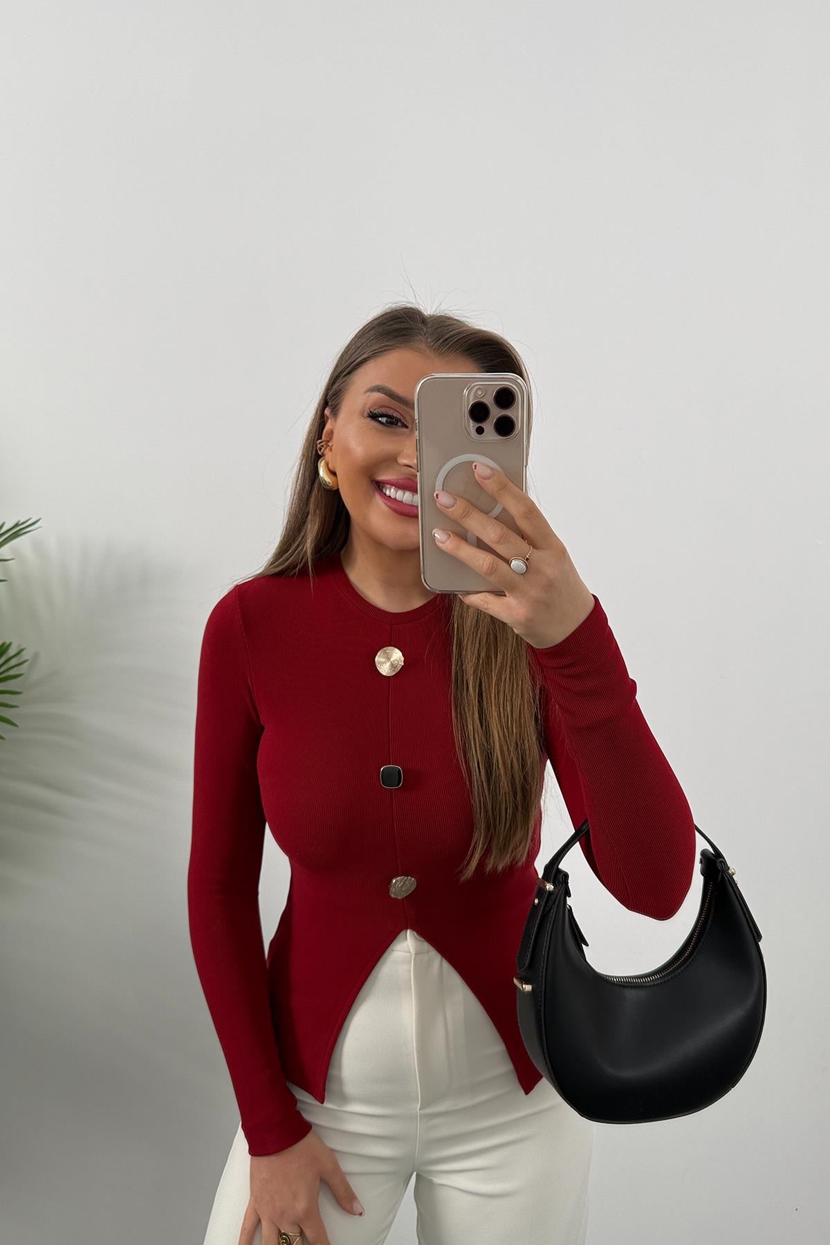 Ottoman Kumaş 3 Düğmeli Likralı Tasarım Bluz Bordo