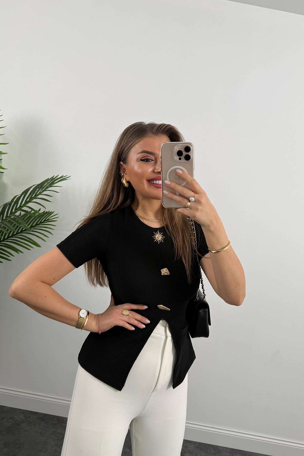 Ottoman Kumaş Güneş Serisi Kısa Kol Likralı Eteği V Bluz Siyah