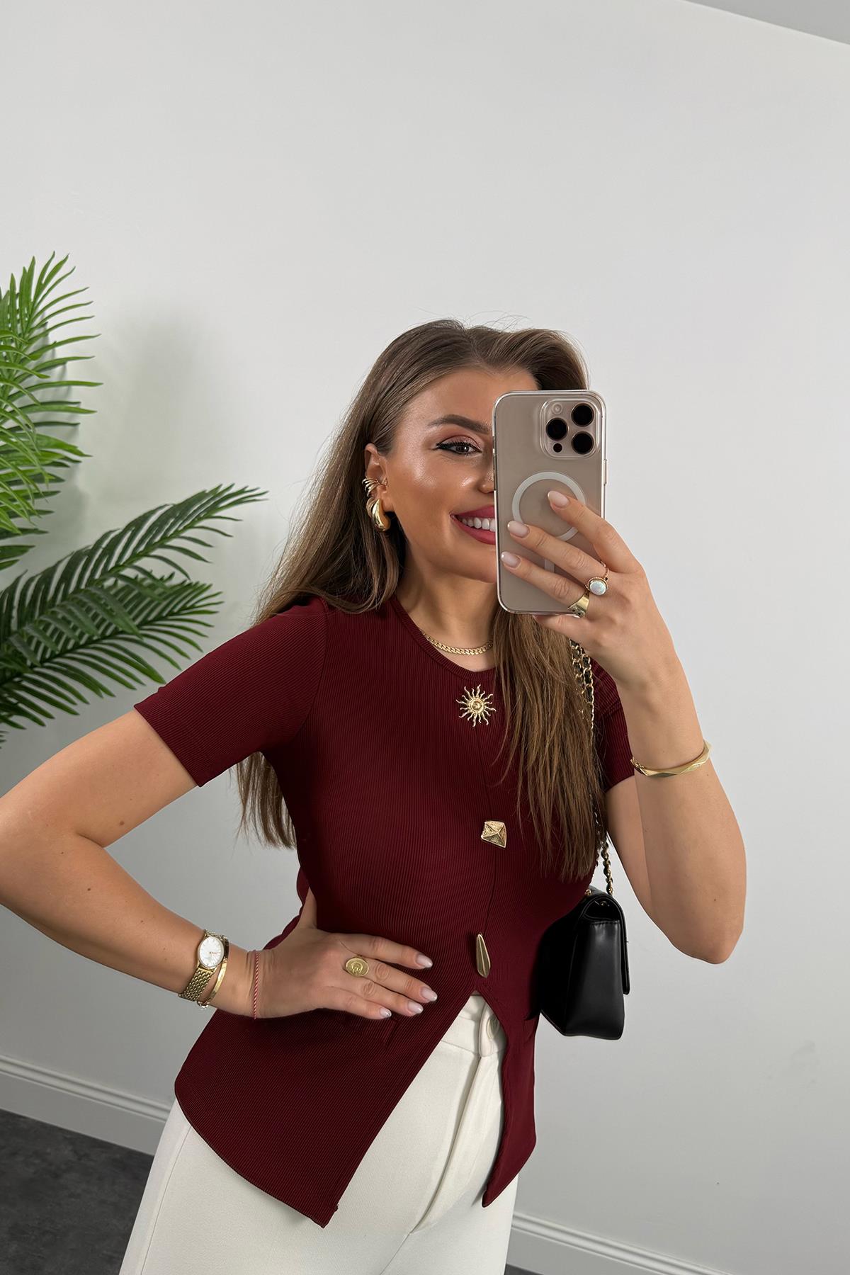 Ottoman Kumaş Güneş Serisi Kısa Kol Likralı Eteği V Bluz Bordo