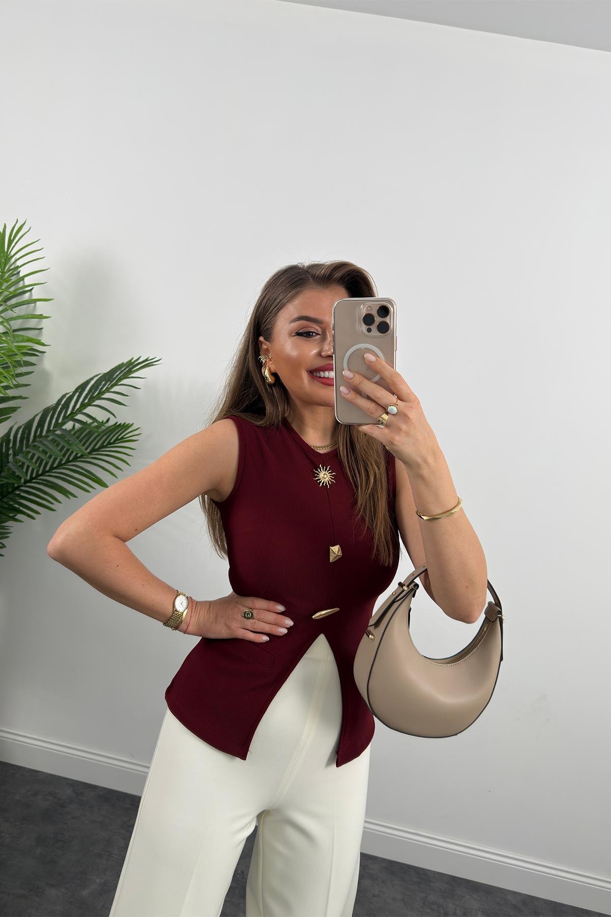 Ottoman Kumaş Güneş Serisi Sıfır Kol Likralı Eteği V Bluz Bordo