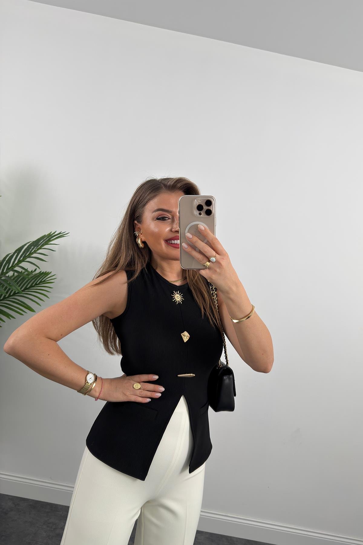 Ottoman Kumaş Güneş Serisi Sıfır Kol Likralı Eteği V Bluz Siyah