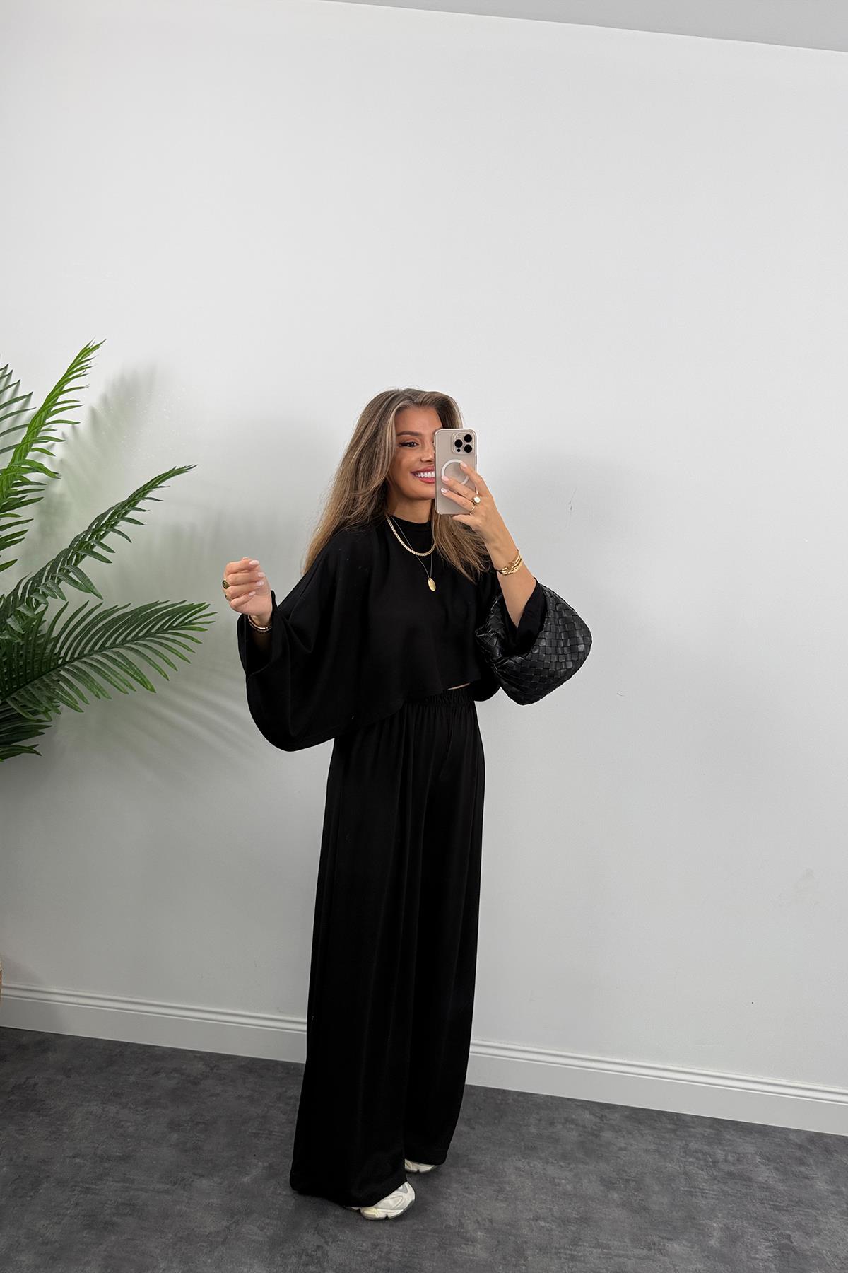 Oysh Kumaş Yarasa Kol Likralı Palazzo Takım Siyah