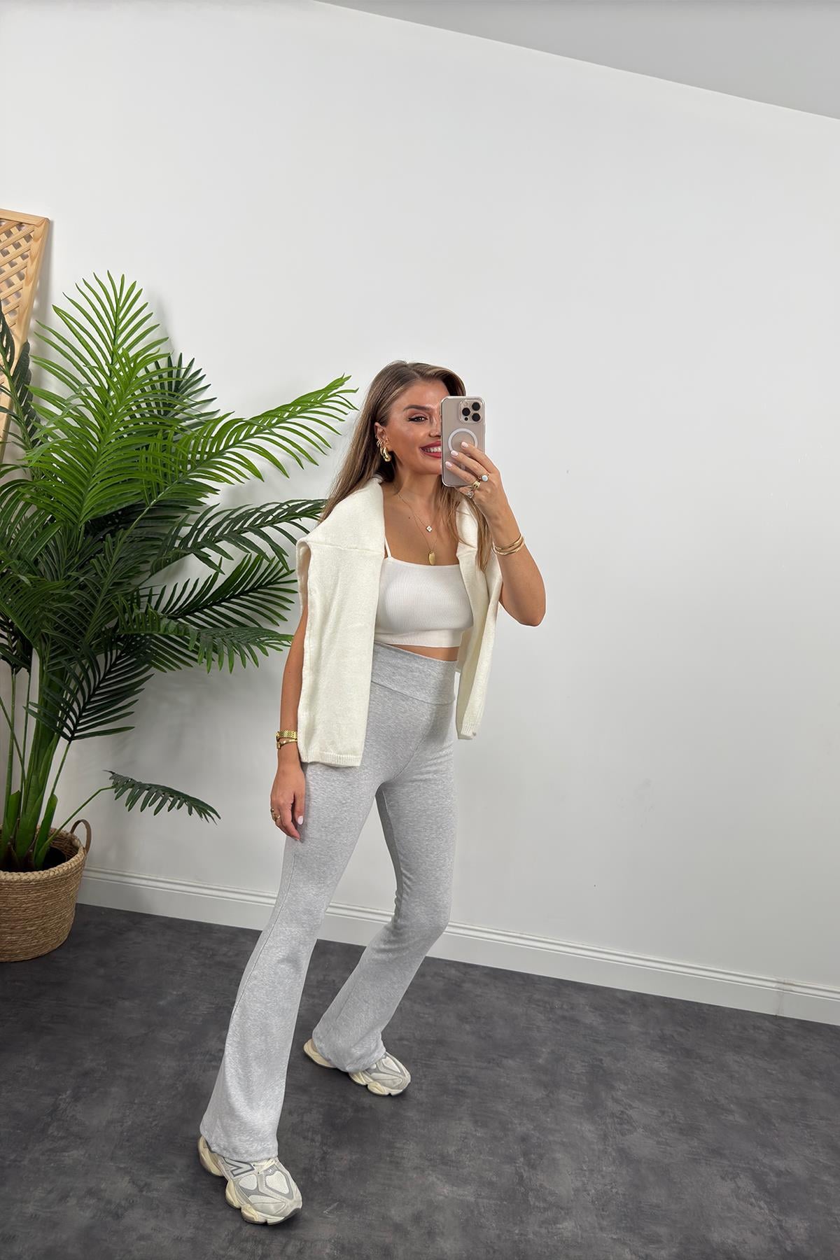 Oysh Model Penye Kaşkorse Likralı Relax Tayt Gri Melanj