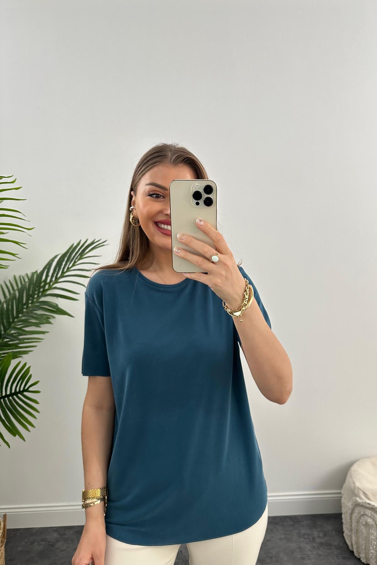 Oysho Modal Kumaş Basic Tshirt Yıkamalı İndigo