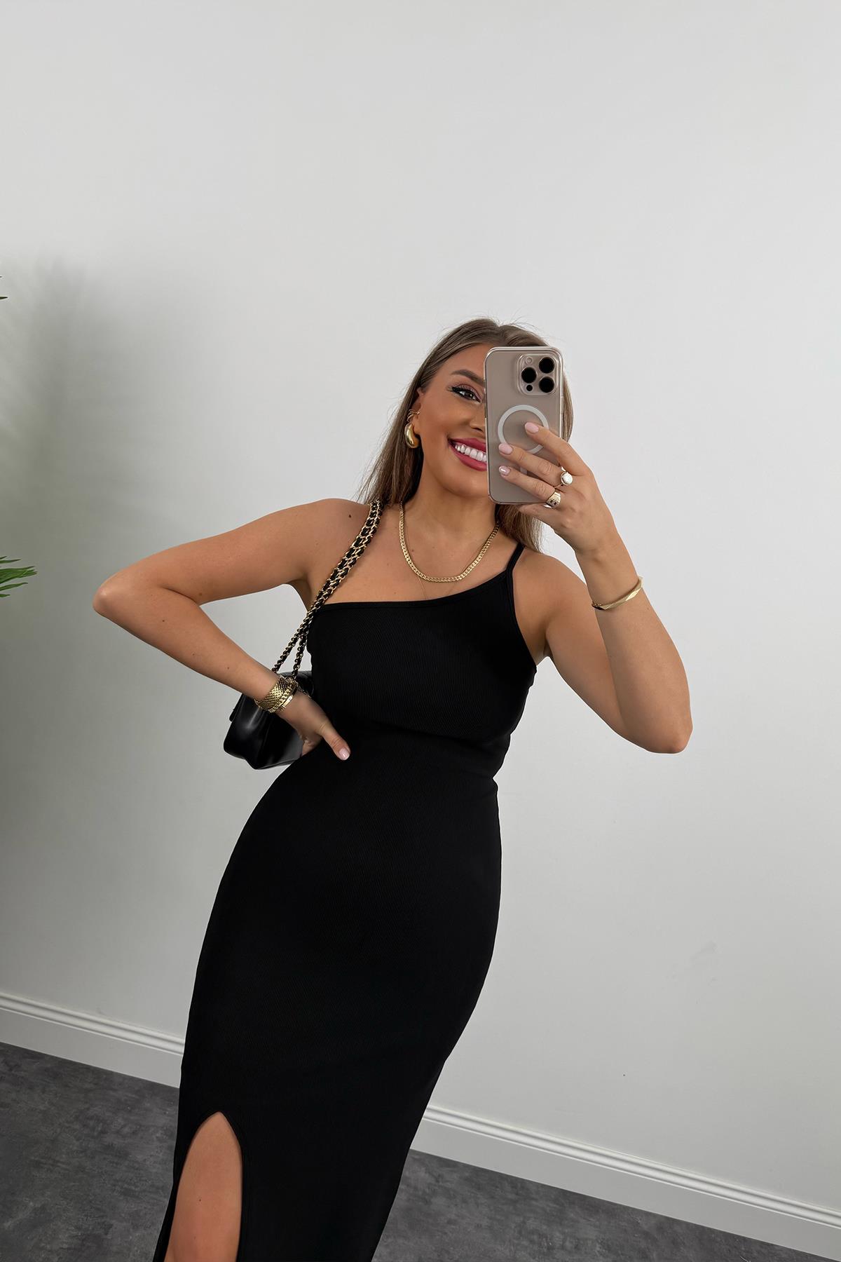 Özel Seri Ottoman Kumaş İp Askılı Tek Omuz Asimetrik Likralı Elbise 