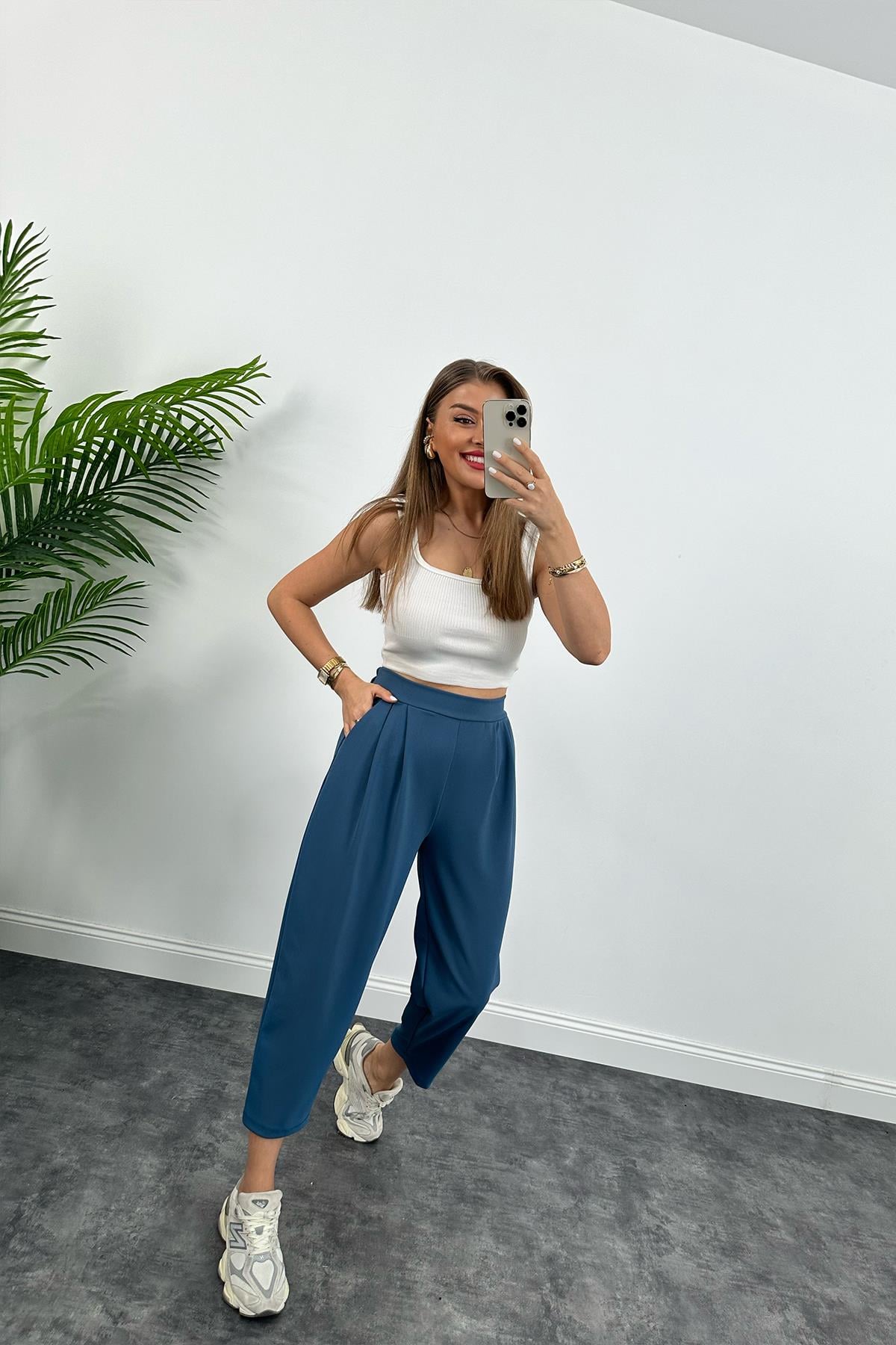 Özel Üretim Likralı Beli Lastikli Harem Pantolon İndigo