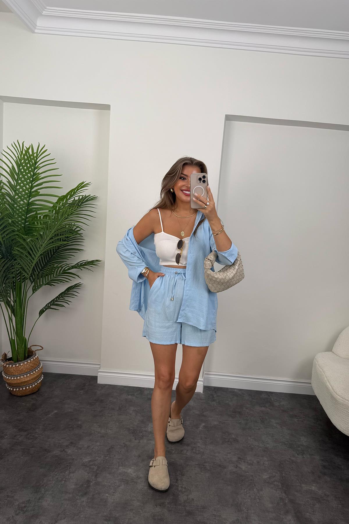 Pamuk Viskon Basic Şort Gömlek Takım Mavi