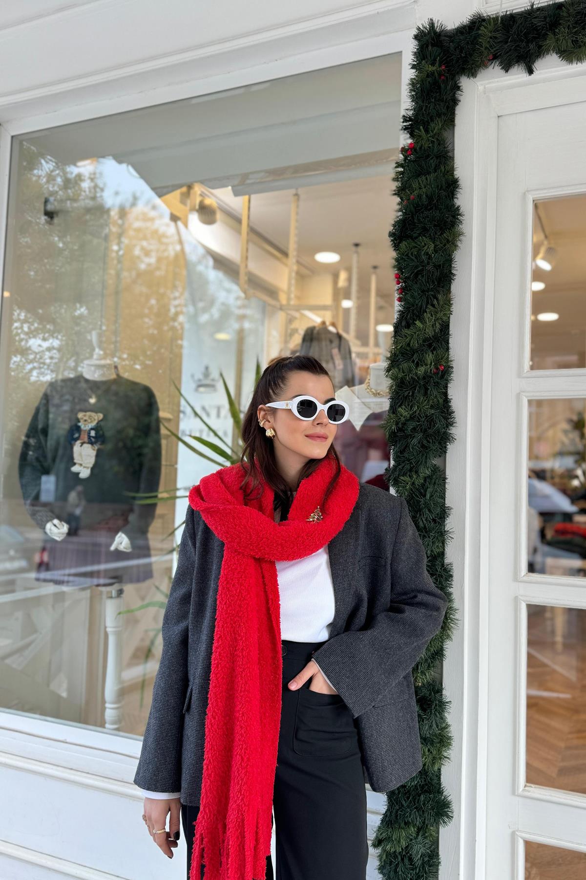 Peluş Kırmızı Şal Kaşkol