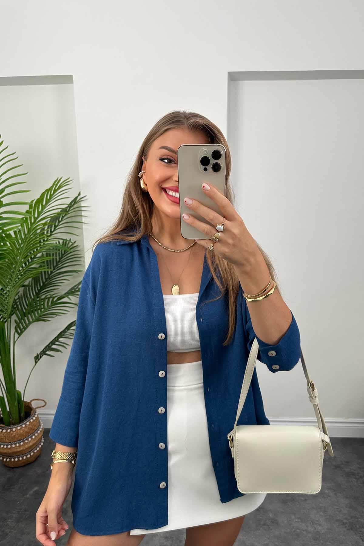 Perry Tok Doku Keten Basic Gömlek Lacivert