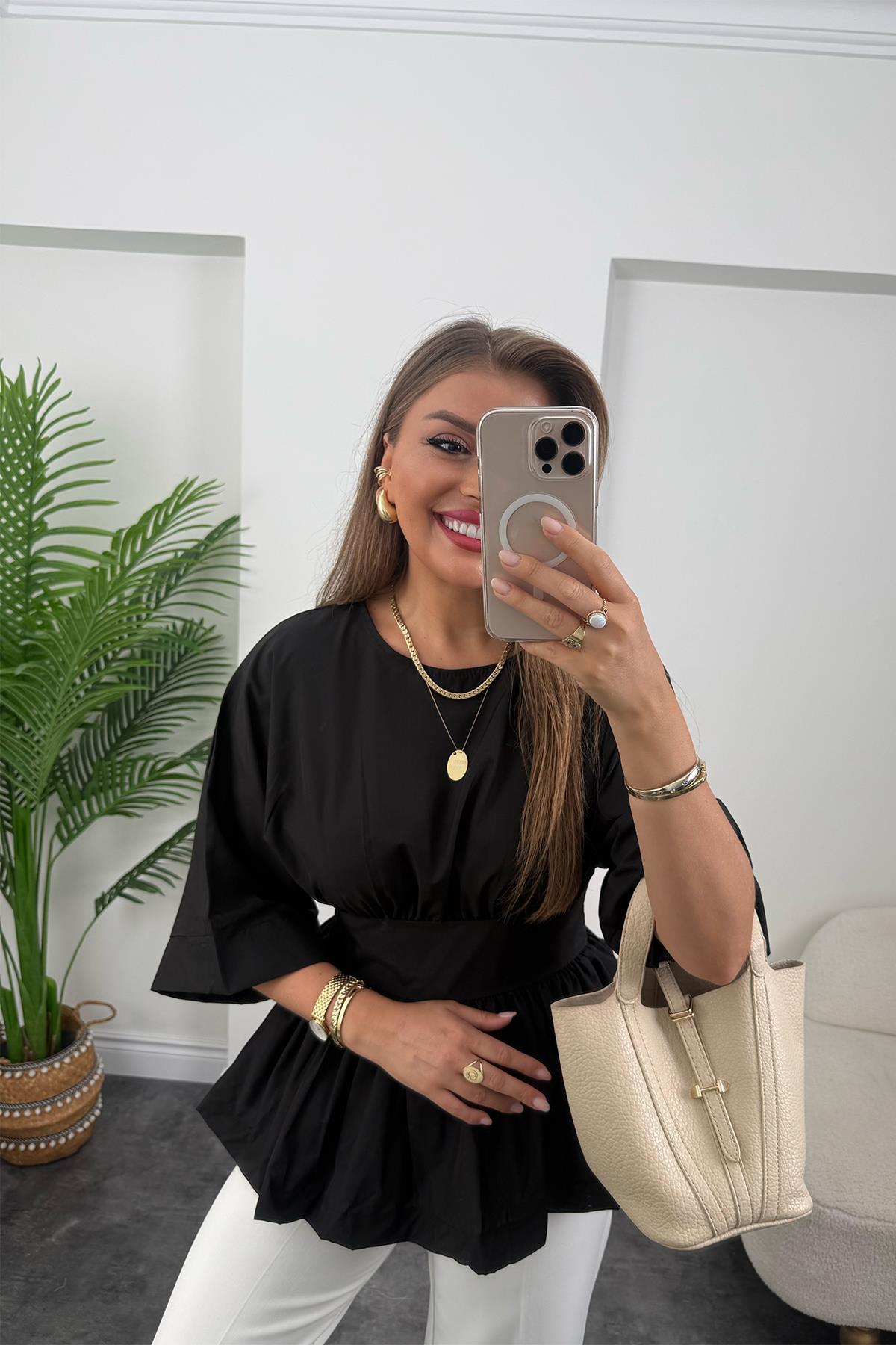 Pinterest Model Kimono Kol Pamuk Poplin Bluz Siyah