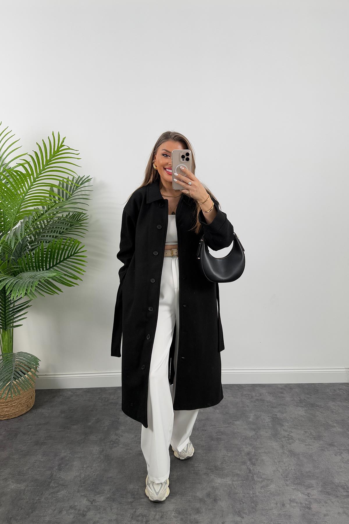 Pinterest Model Tam Boy Düğmeli Maxi Kaşe Kaban Siyah