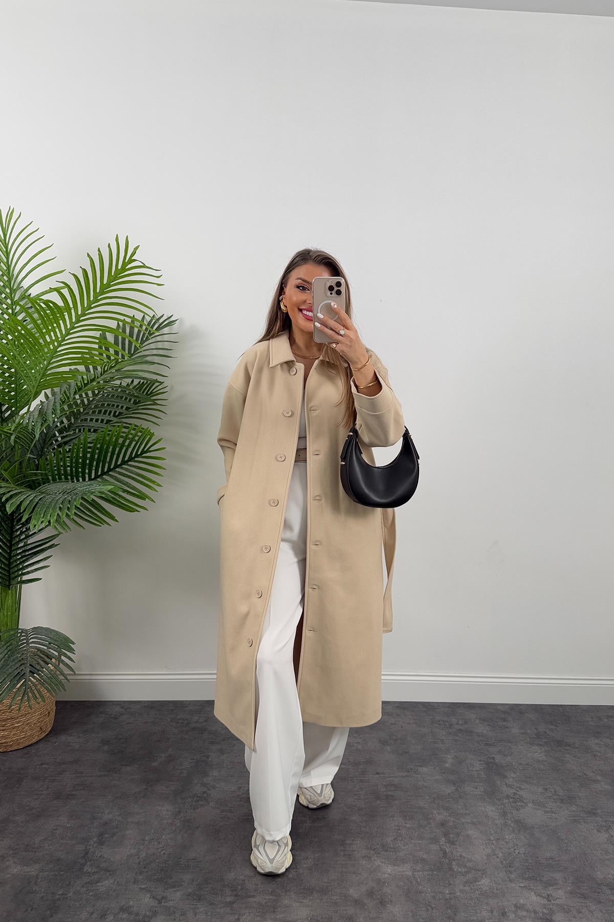 Pinterest Model Tam Boy Düğmeli Maxi Kaşe Kaban Taş