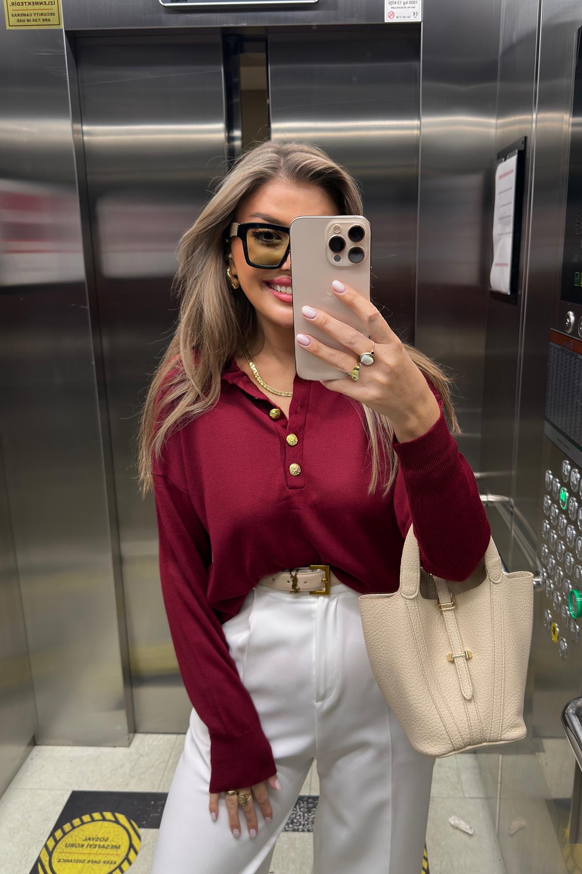Polo Yaka Gold Düğmeli Basic Triko Bordo